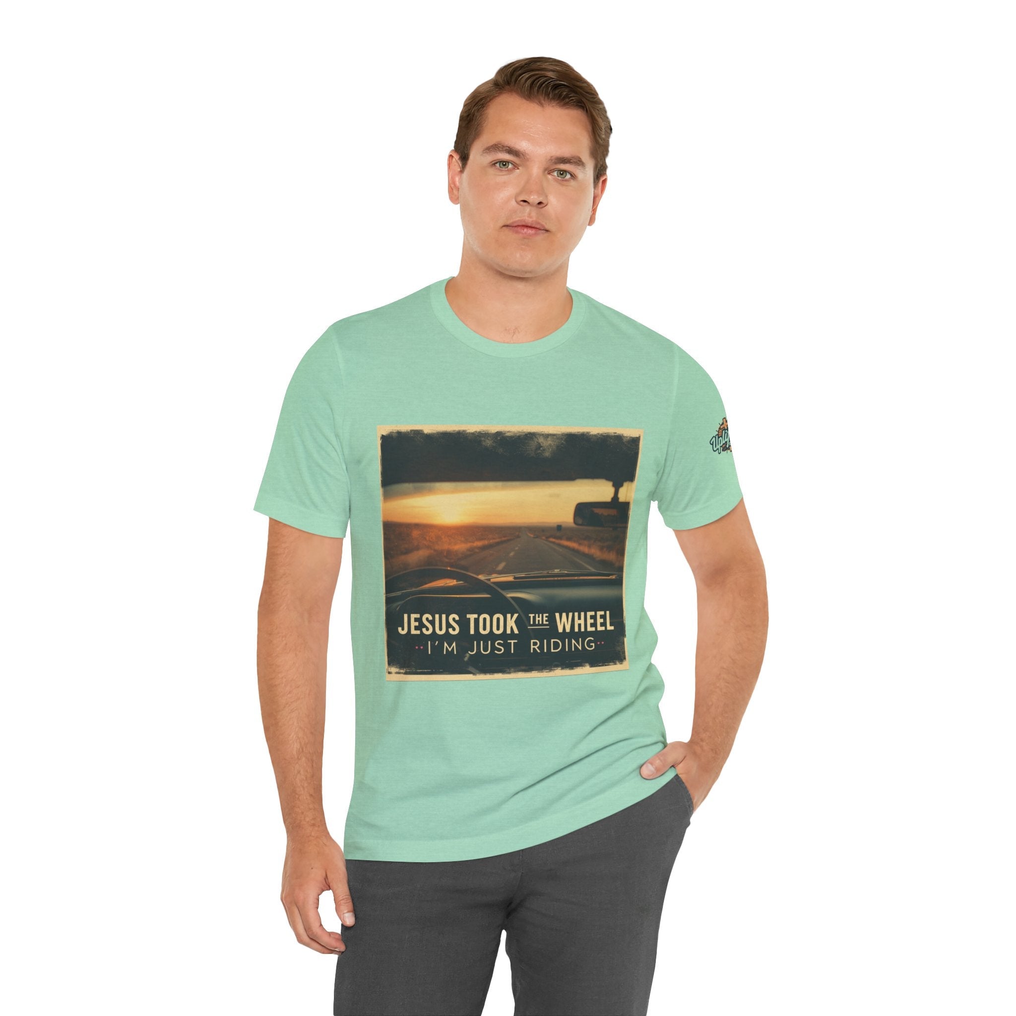 Jesus Took the Wheel I'm Just Riding T-shirt – Funny Christian Convertible Car T-shirt for Surrendered Faith & Humor Printify