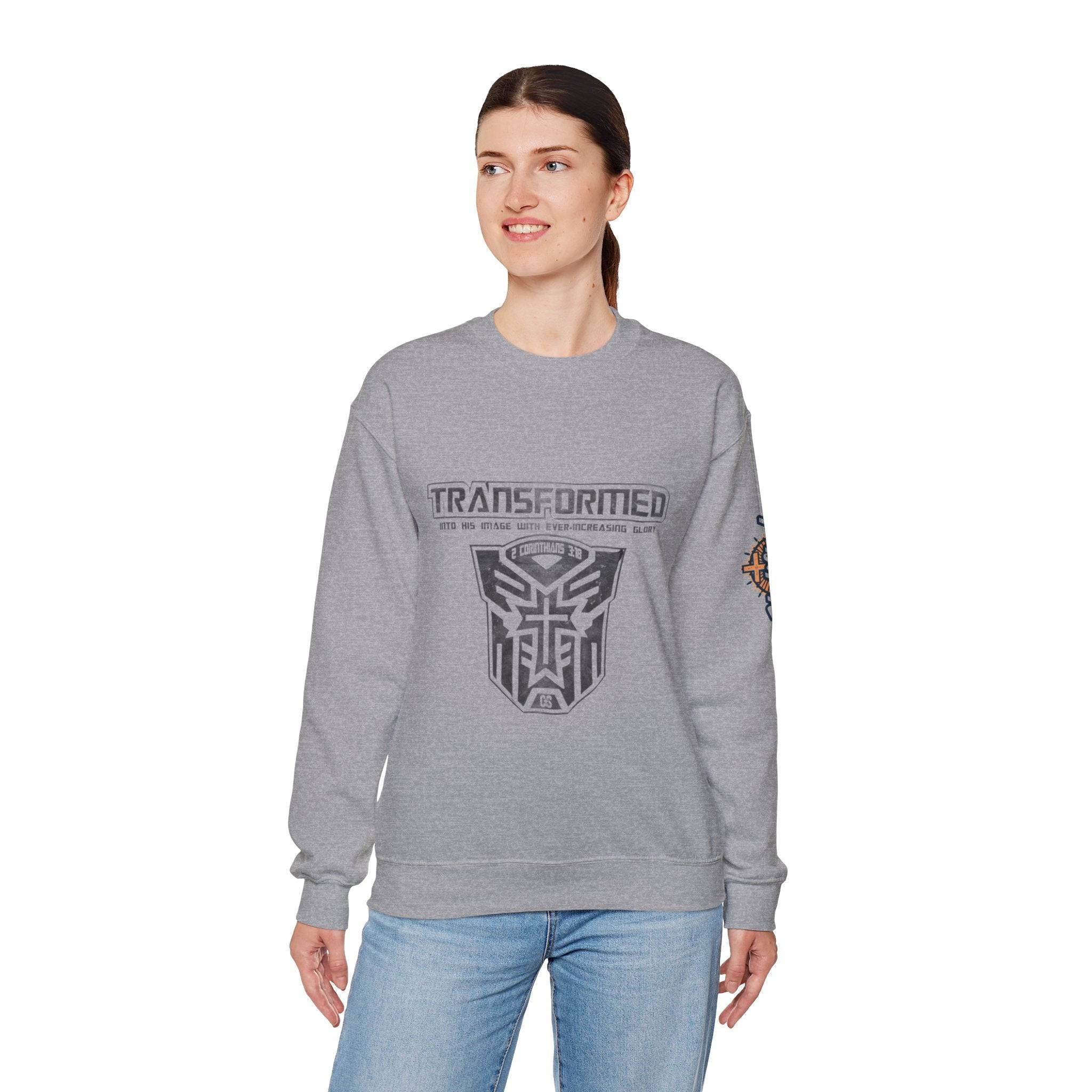 Transformer Logo Christian Sweatshirt | 2 Corinthians 3:18 Bible Verse Sweatshirt Printify