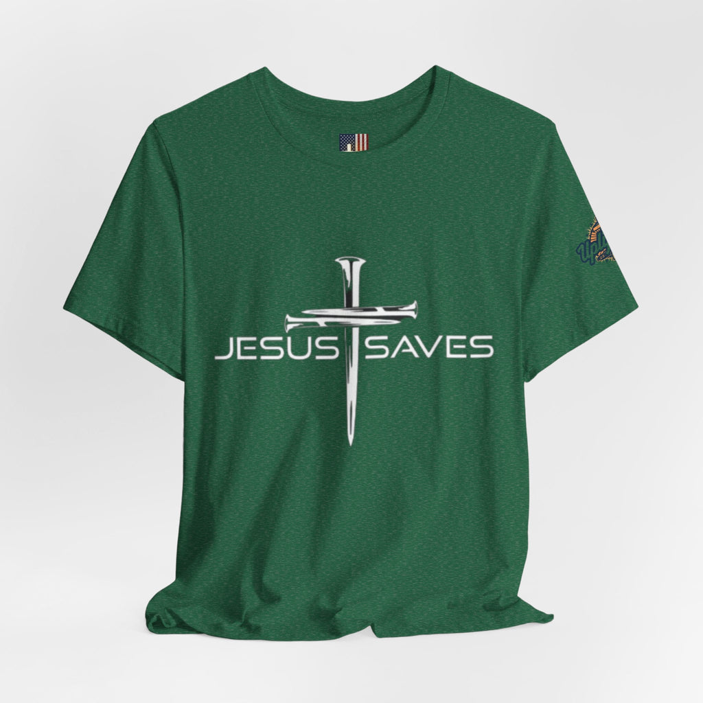 Jesus Saves T-shirt – 3 Nails Crucifix Cross Christian T-shirt for Redemption Faith & Bold Salvation Printify