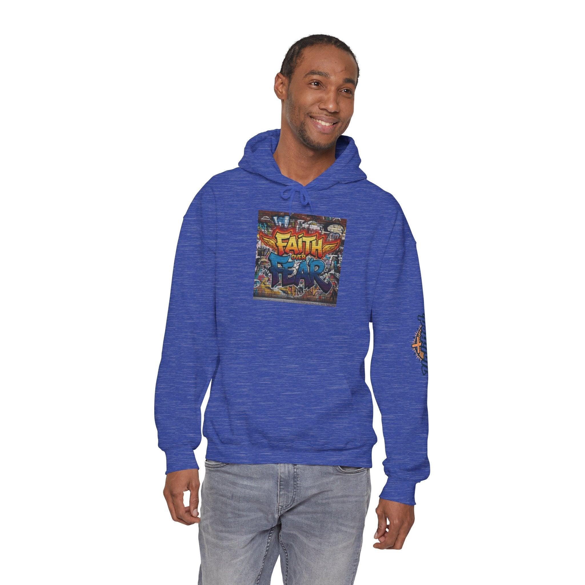 Faith Over Fear Hoodie – Graffiti Wall Christian Sweatshirt for Bold 2 Corinthians 5:7 Streetwear & Unshakable Faith Printify