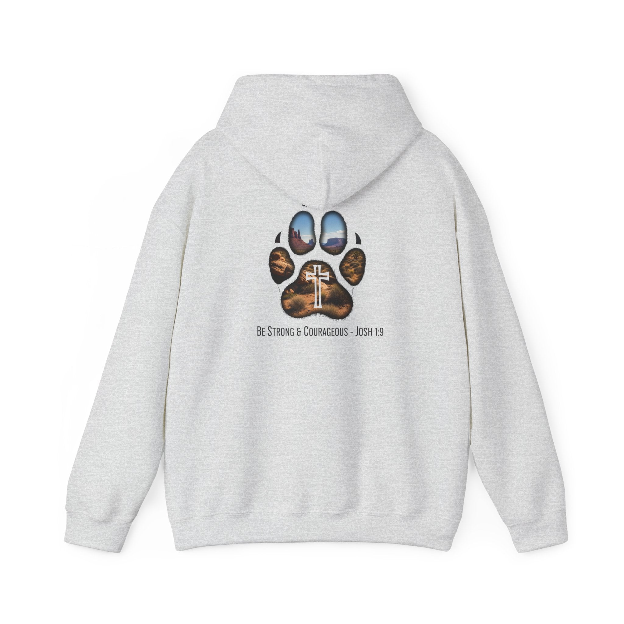 Strong and Courageous Hoodie – Joshua 1:9 Canine Pawprint Desert Christian Hoodie for Dog Lovers Printify