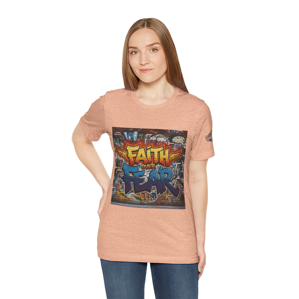 Faith Over Fear T-shirt – Graffiti Wall Christian T-shirt for Bold 2 Corinthians 5:7 Streetwear & Unshakable Faith Printify