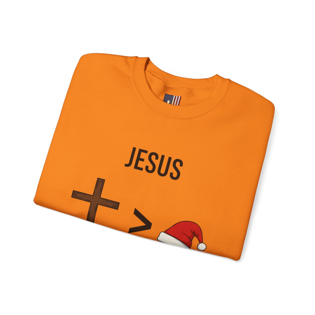 🎄 Jesus > Santa – Minimalist Christian Christmas Sweatshirt | Bold Faith Over Holiday Tee | Cross vs Santa Hat Design | Uplifted Gear Printify