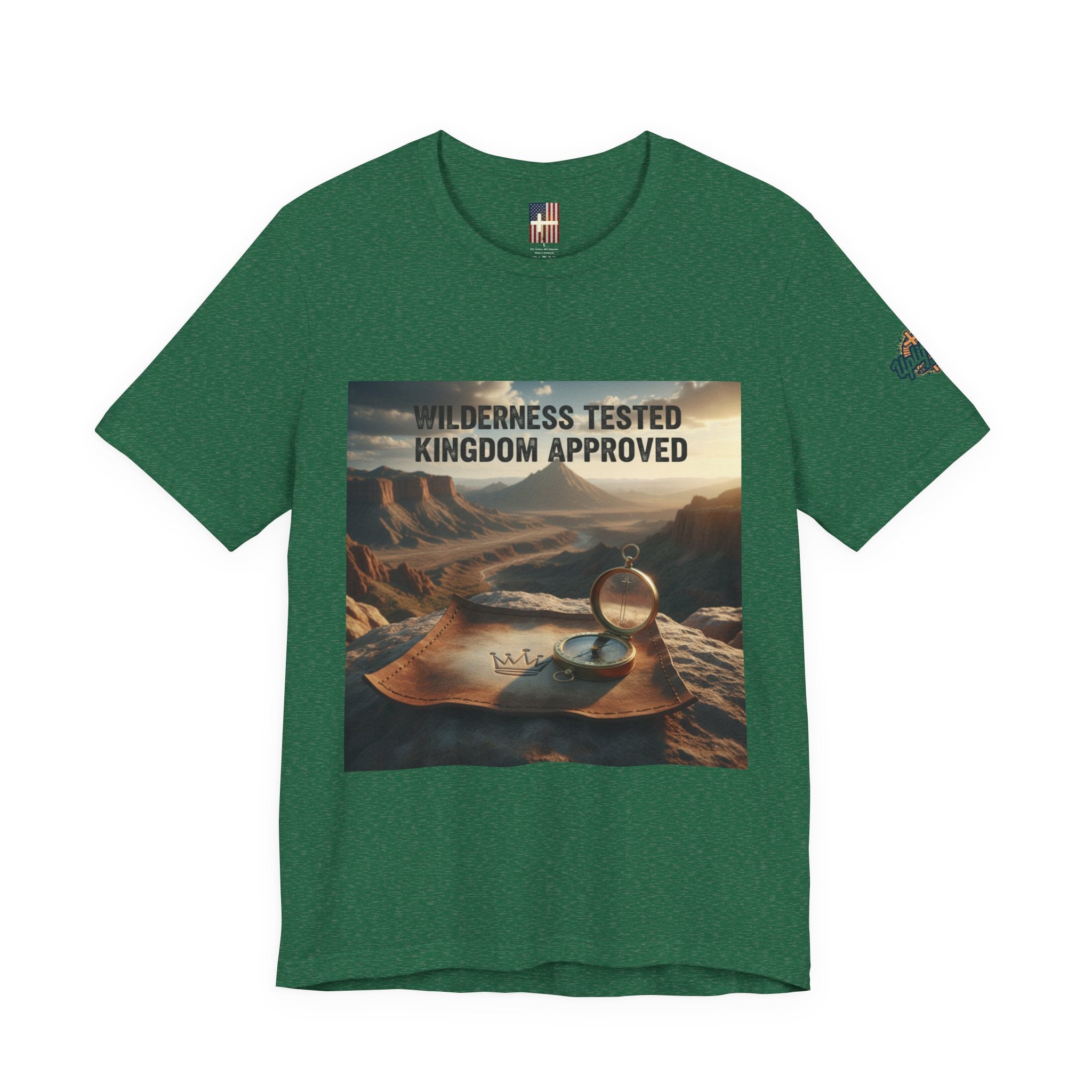 Wilderness Tested Kingdom Approved T-shirt – Mountain Desert Compass Crown Christian T-shirt for Biblical Adventure Faith Printify