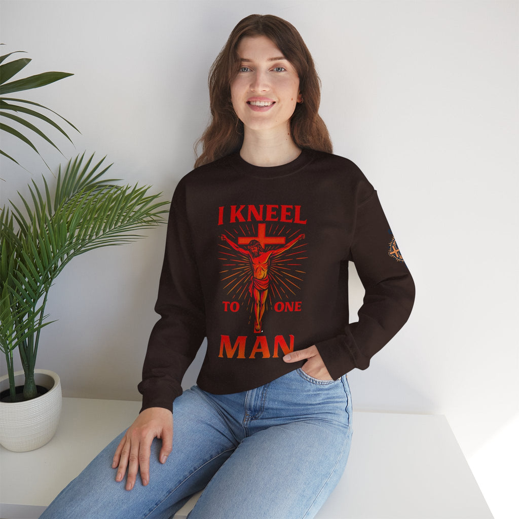 I Kneel to One Man Sweatshirt – Crucifixion Christian Sweatshirt for Unashamed Devotion & Bold Faith Printify