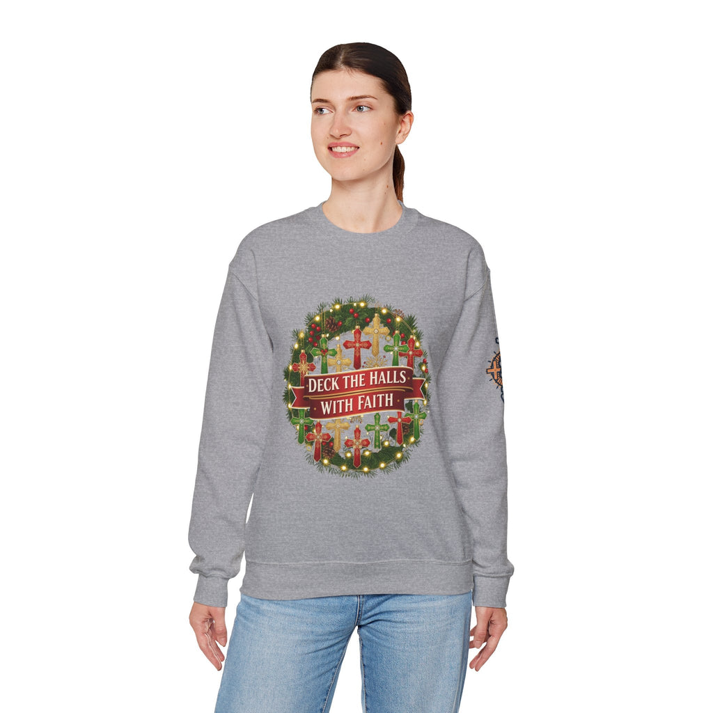 🎄 Deck the Halls with Faith – Christian Christmas Sweatshirt | Cross Ornament Design & Festive Garland | Bold Holiday Faith Tee by Uplifted Gear Printify