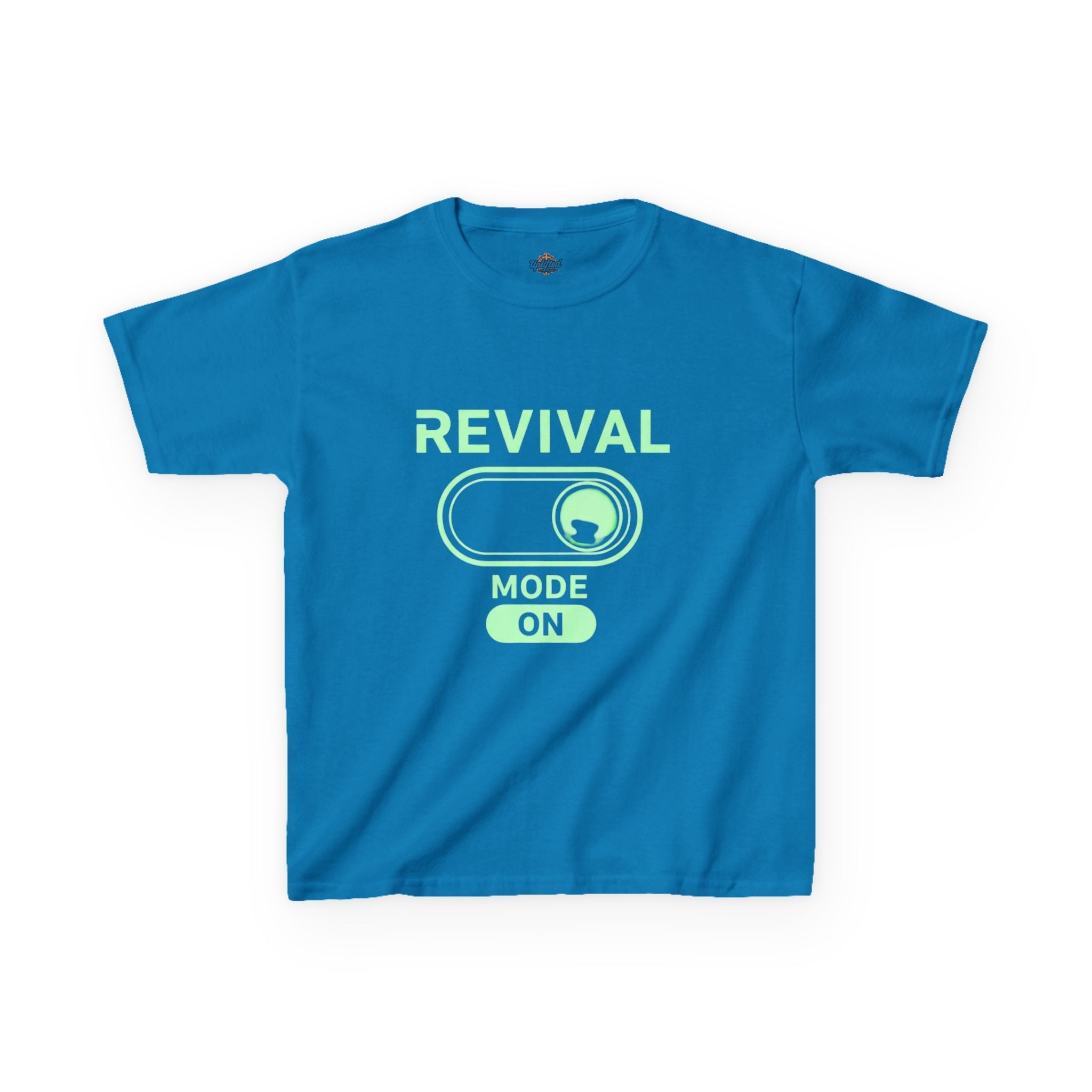 🔥 Revival Mode: ON – Christian Techwear Kids T-Shirt | Glowing Green Faith Switch | Futuristic Jesus Shirt | Activate Your Spiritual Awakening | Uplifted Gear Printify