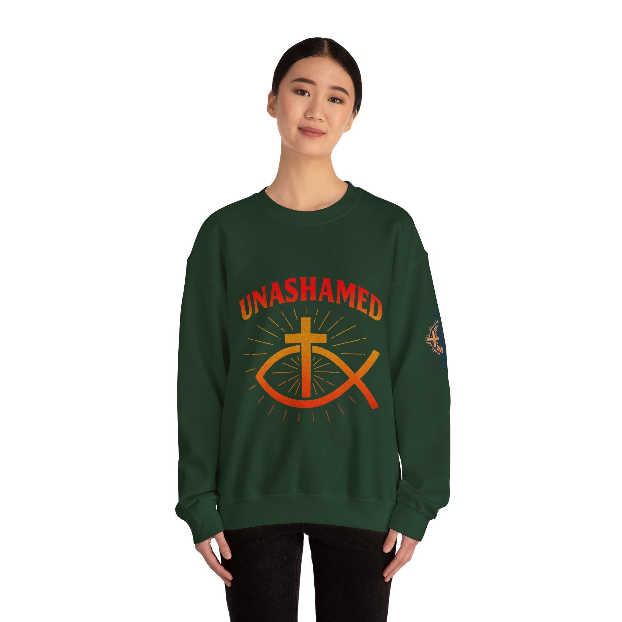 Unashamed Sweatshirt – Ichthys Jesus Fish & Cross Christian Sweatshirt for Romans 1:16 Bold Faith Printify
