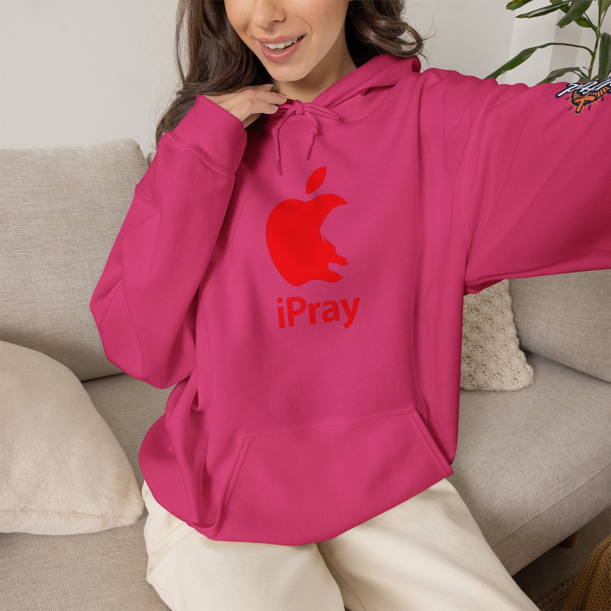 iPray Apple Logo Hoodie — Funny Christian Hoodie (Minimal Red Apple Graphic) Printify