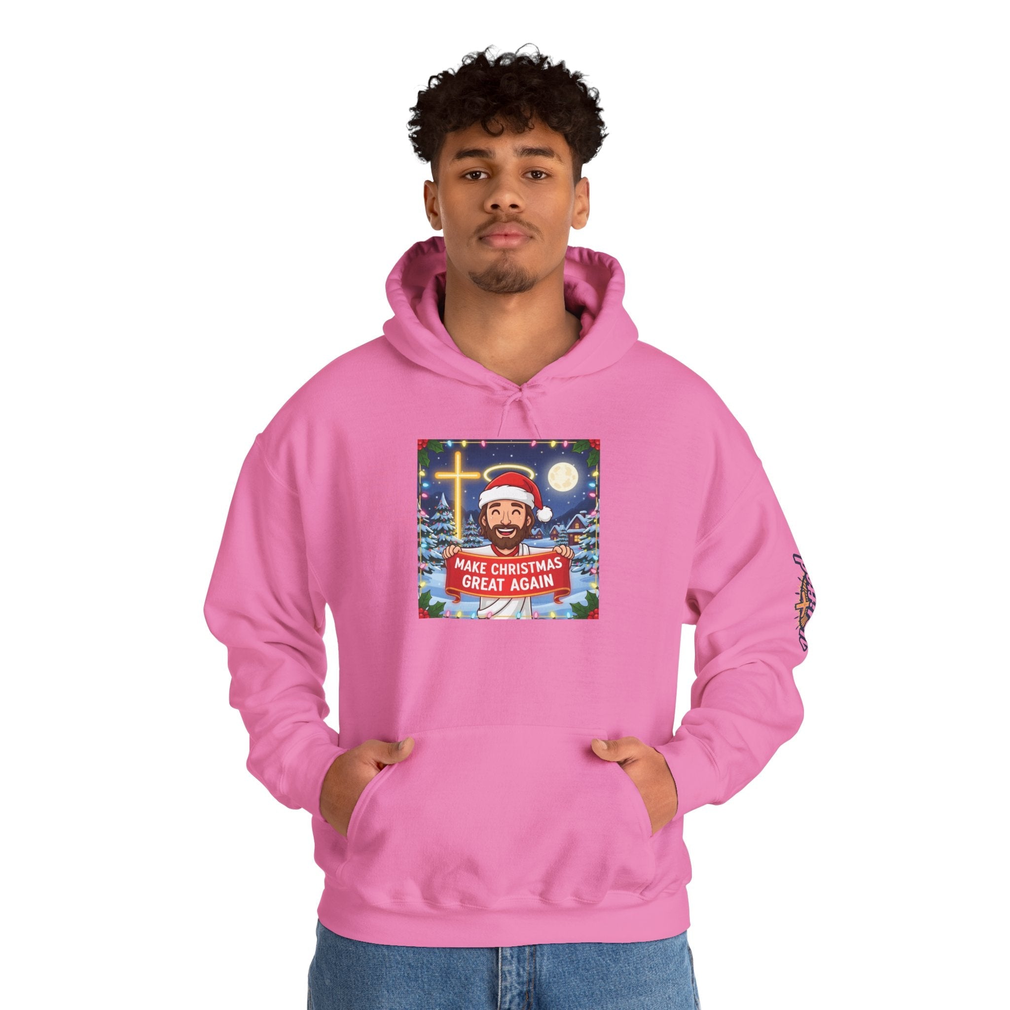 🎄 Make Christmas Great Again – Funny Christian Hoodie | Jesus Holding Banner | Faith-Based Holiday Parody Tee | Uplifted Gear Printify