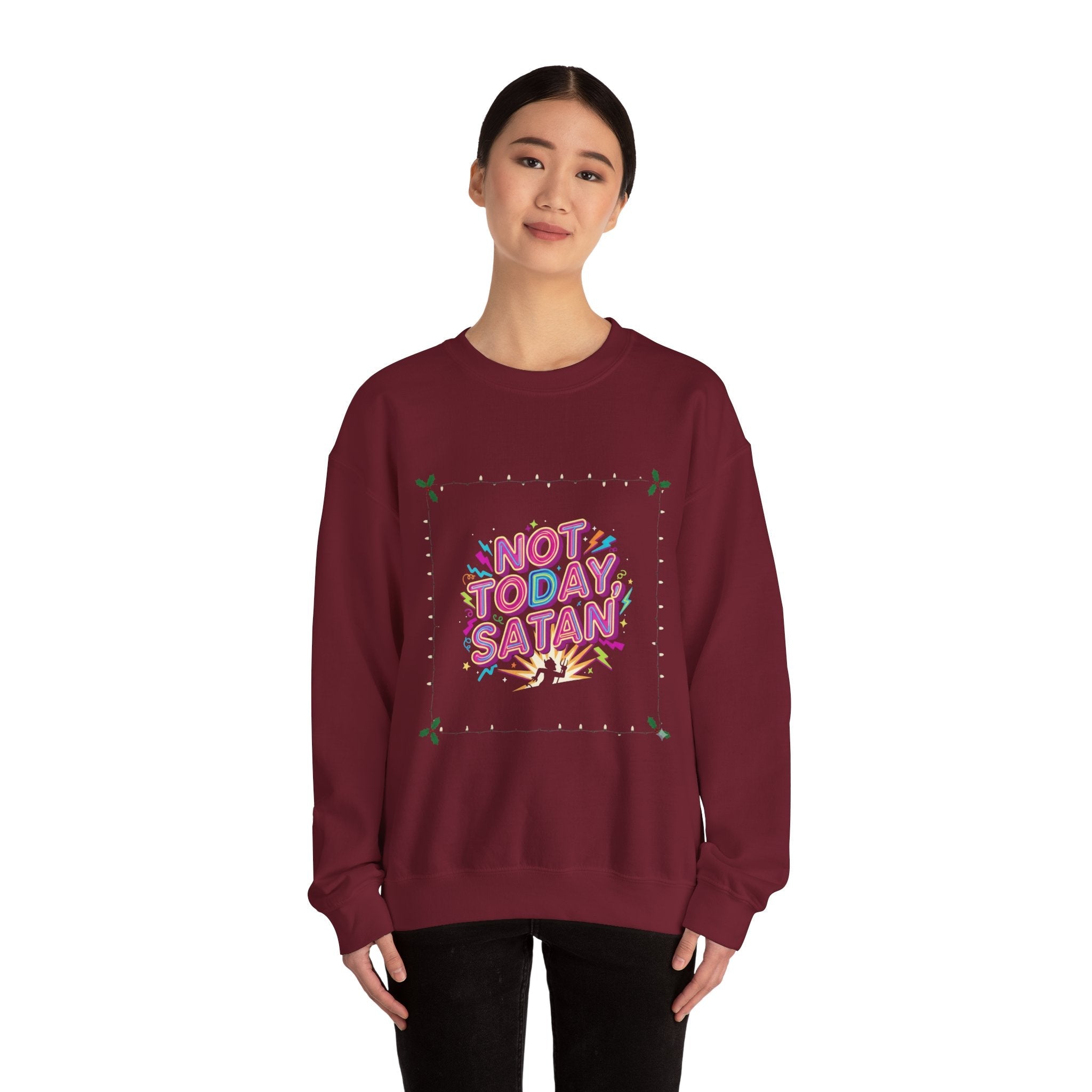 🔥 Not Today, Satan – Retro 90s Christian Sweatshirt | Neon Faith Tee | Funky Cartoon Devil | Bold Bible Verse Shirt | Uplifted Gear Printify