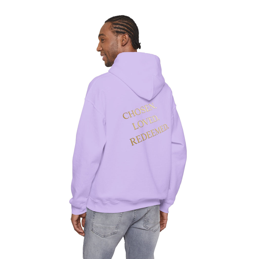 ✨ Chosen. Loved. Redeemed. – Elegant Christian Hoodie | Gold Foil Faith Tee | Subtle Cross & Heart Design | Inspirational Bible Verse Apparel by Uplifted Gear Printify