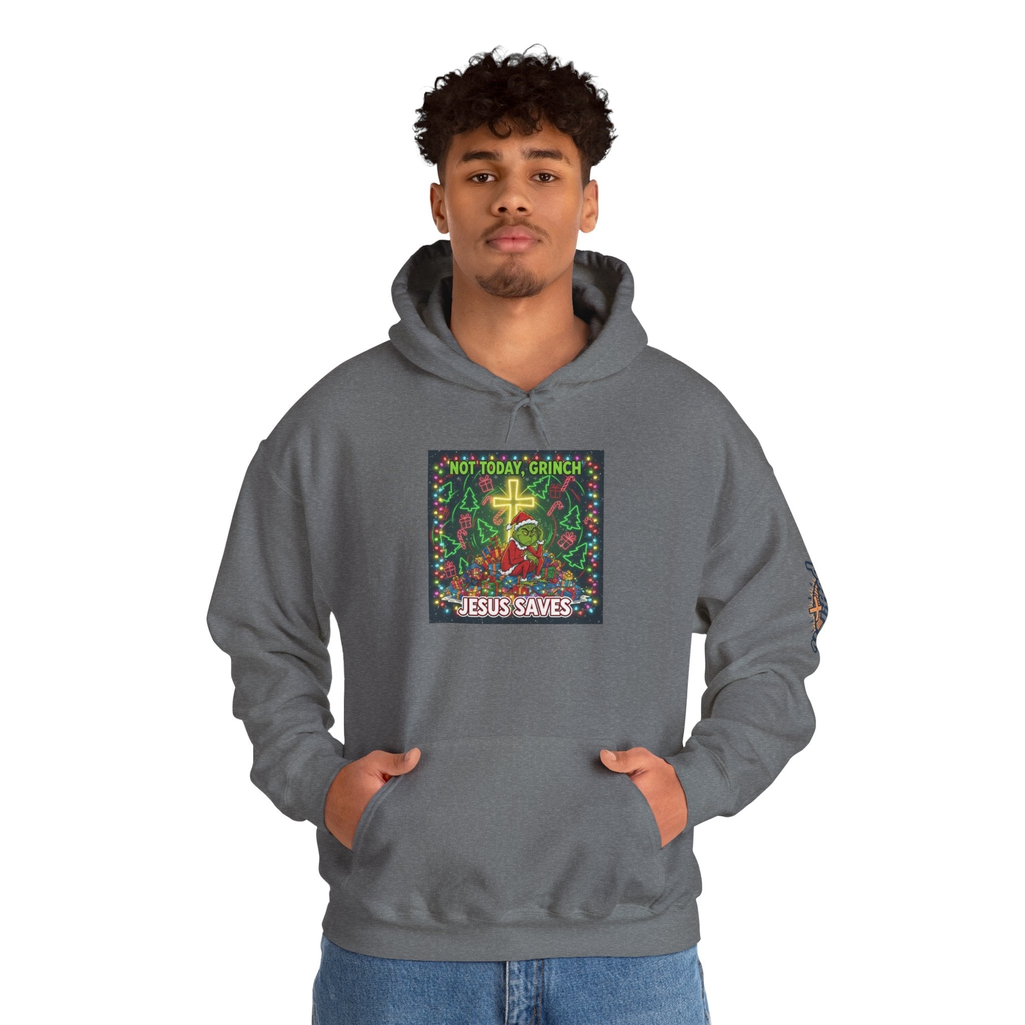 🎄 Not Today, Grinch – Jesus Saves | Funny Christian Christmas Hoodie | Festive Green & Red Cartoon Style | Bold Faith Holiday Tee by Uplifted Gear Printify