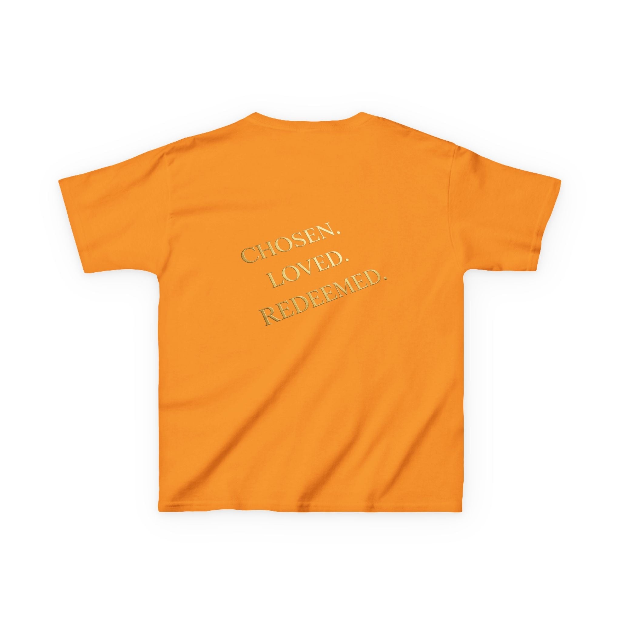 ✨ Chosen. Loved. Redeemed. – Elegant Christian Kids T-Shirt | Gold Foil Faith Tee | Subtle Cross & Heart Design | Inspirational Bible Verse Apparel by Uplifted Gear Printify