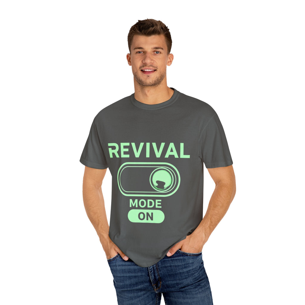 🔥 Revival Mode: ON – Christian Techwear T-Shirt | Glowing Green Faith Switch | Futuristic Jesus Shirt | Activate Your Spiritual Awakening | Uplifted Gear Printify