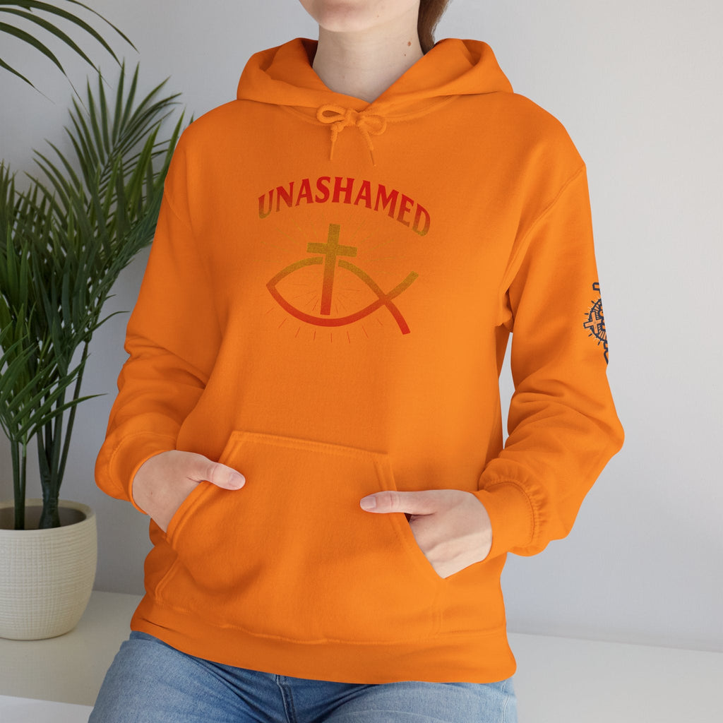 Unashamed Hoodie – Ichthys Jesus Fish & Cross Christian Sweatshirt for Romans 1:16 Bold Faith Printify