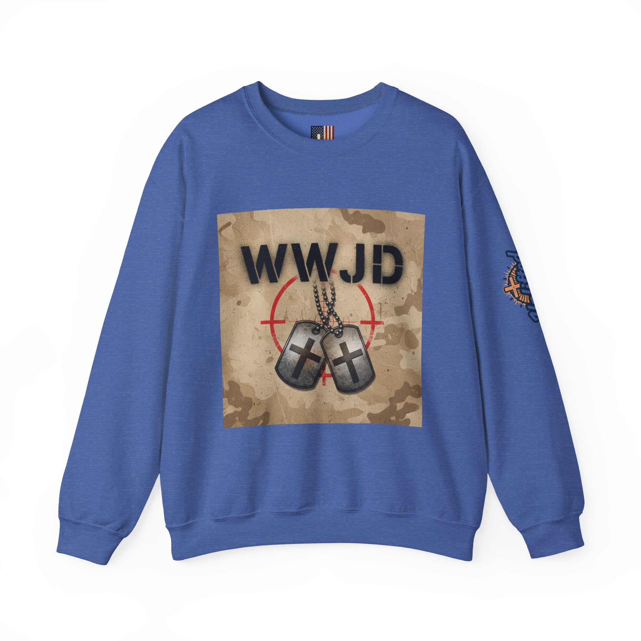 WWJD Sweatshirt – Military Dog Tags What Would Jesus Do Camo Christian Sweatshirt for Bold Faith & Streetwear Printify