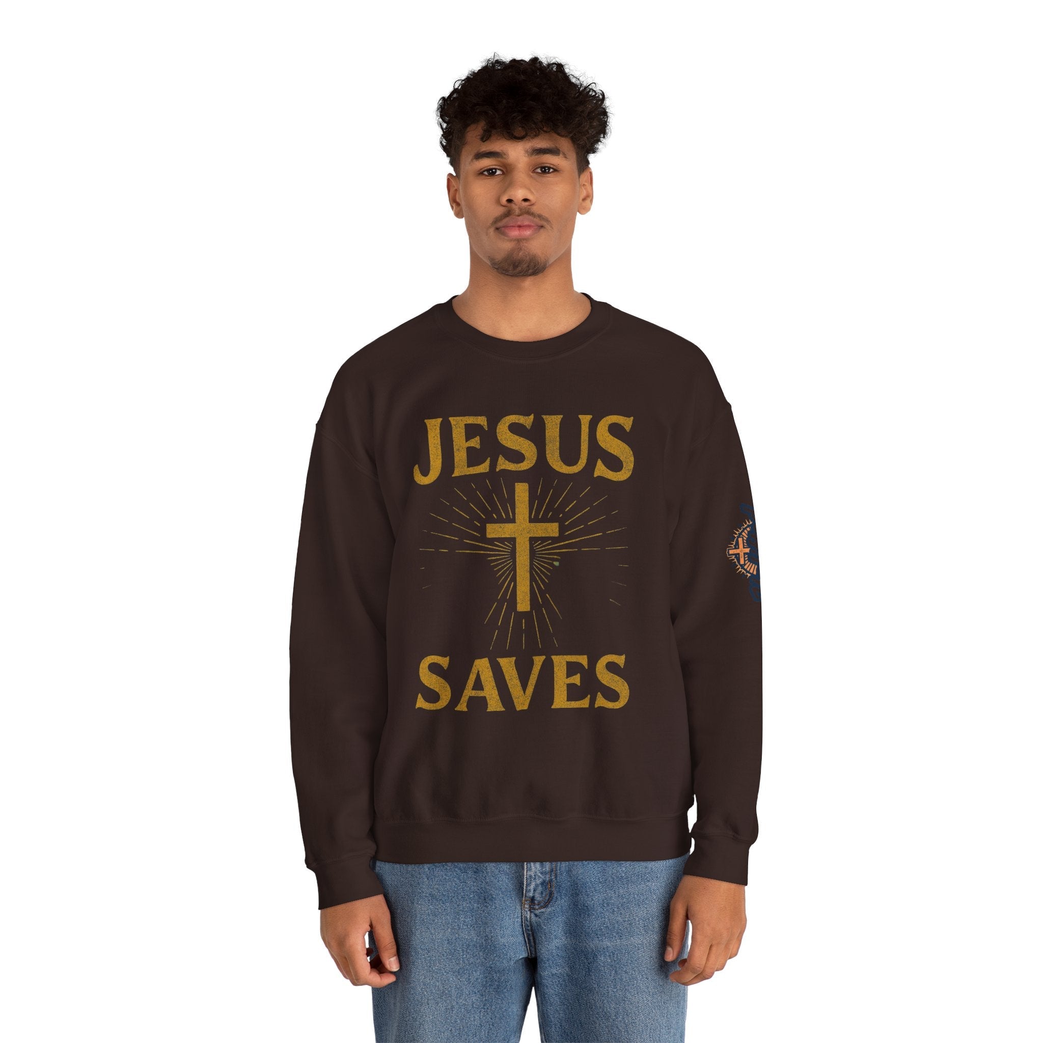 Jesus Saves Sweatshirt – Radiant Cross & Rays of Light Christian Sweatshirt for Eternal Hope & Faith Printify