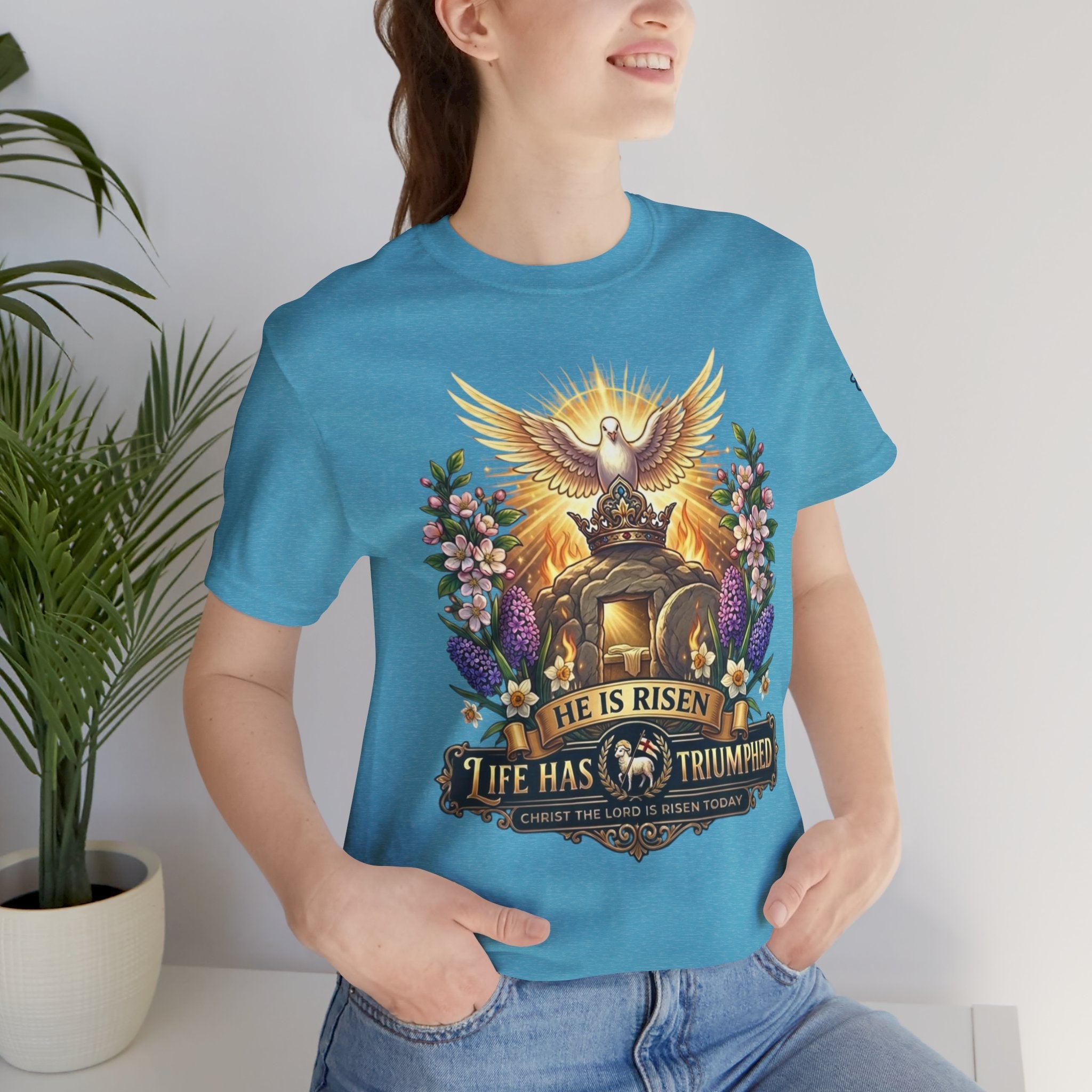 He Is Risen "Life Has Triumphed" T-Shirt — Easter Resurrection Christian Tee Printify