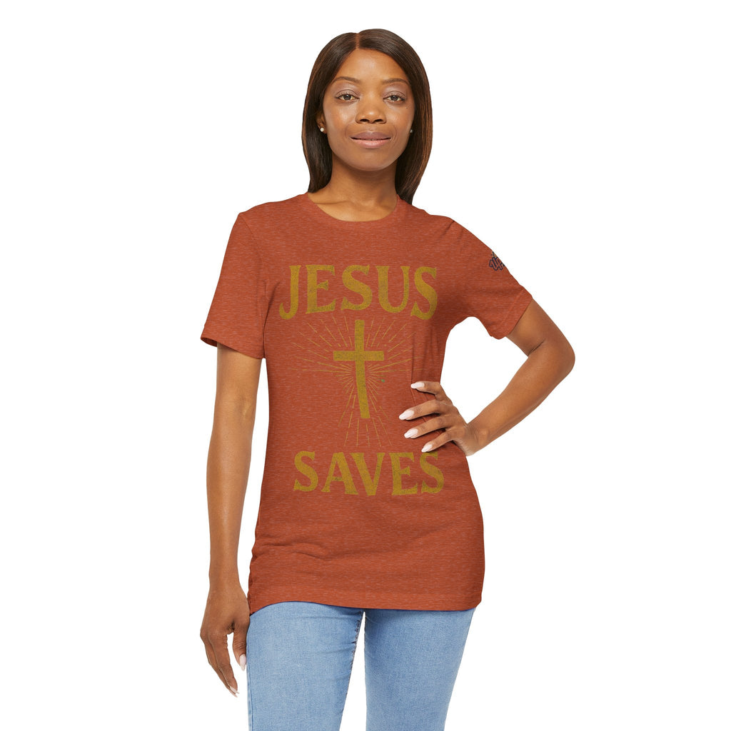 Jesus Saves T-shirt – Radiant Cross & Rays of Light Christian T-shirt for Eternal Hope & Faith Printify
