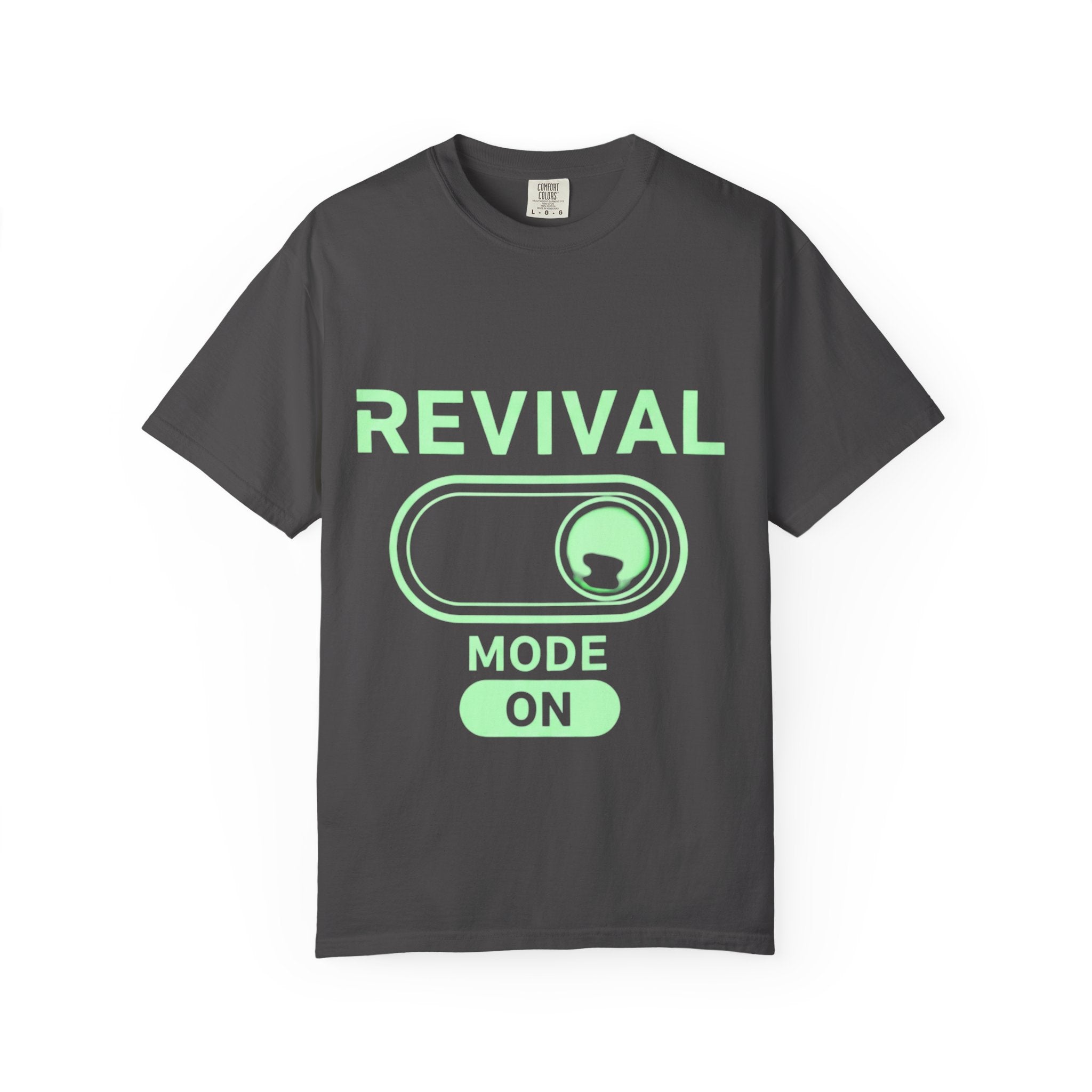 🔥 Revival Mode: ON – Christian Techwear T-Shirt | Glowing Green Faith Switch | Futuristic Jesus Shirt | Activate Your Spiritual Awakening | Uplifted Gear Printify