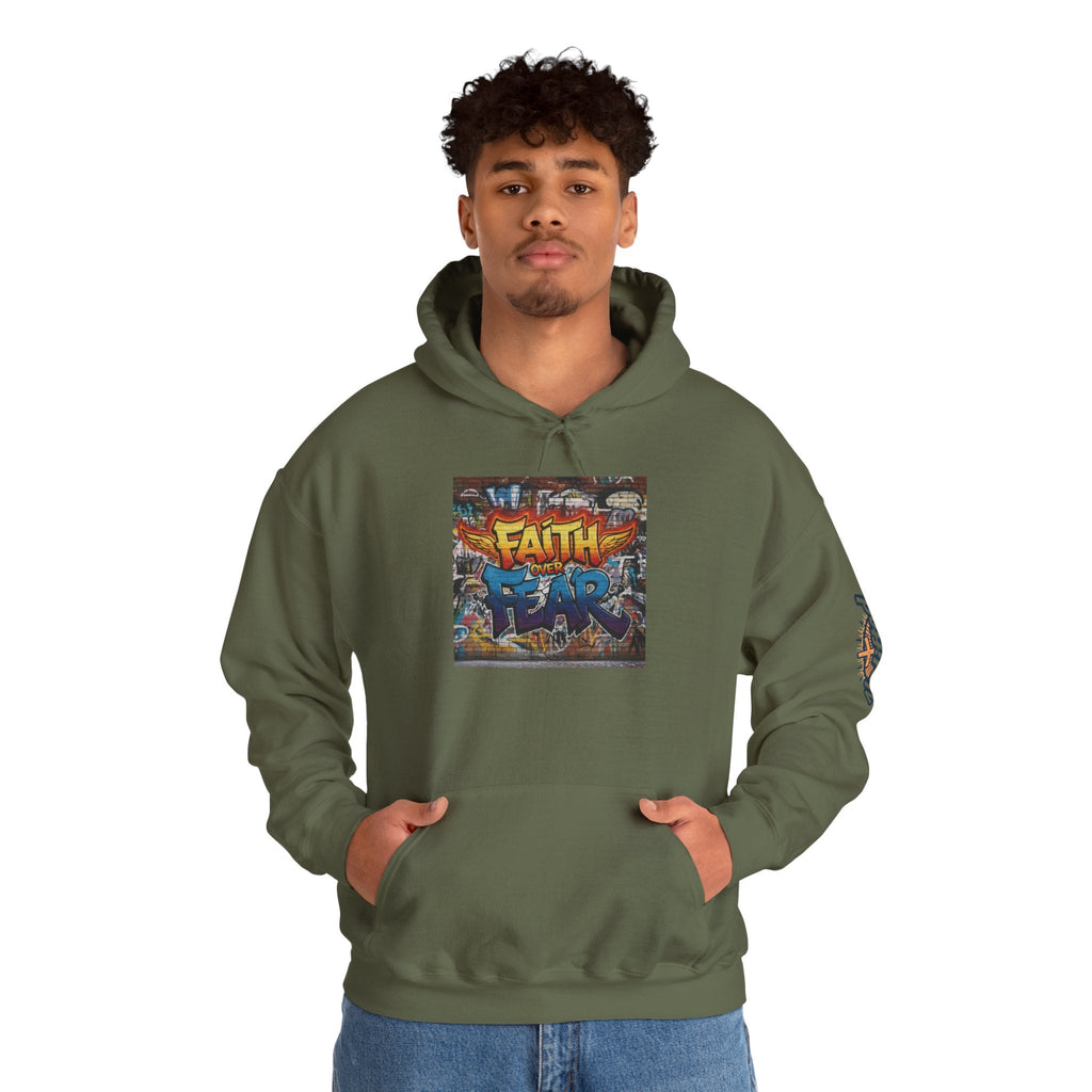 Faith Over Fear Hoodie – Graffiti Wall Christian Sweatshirt for Bold 2 Corinthians 5:7 Streetwear & Unshakable Faith Printify