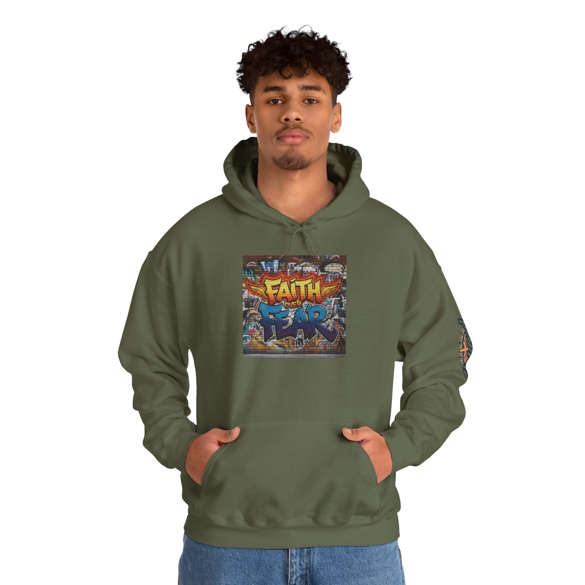 Faith Over Fear Hoodie – Graffiti Wall Christian Sweatshirt for Bold 2 Corinthians 5:7 Streetwear & Unshakable Faith Printify
