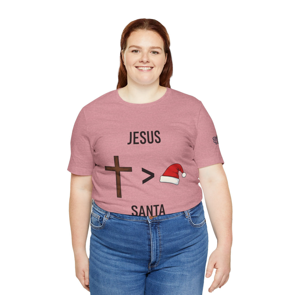 🎄 Jesus > Santa – Minimalist Christian Christmas T-Shirt | Bold Faith Over Holiday Tee | Cross vs Santa Hat Design | Uplifted Gear Printify