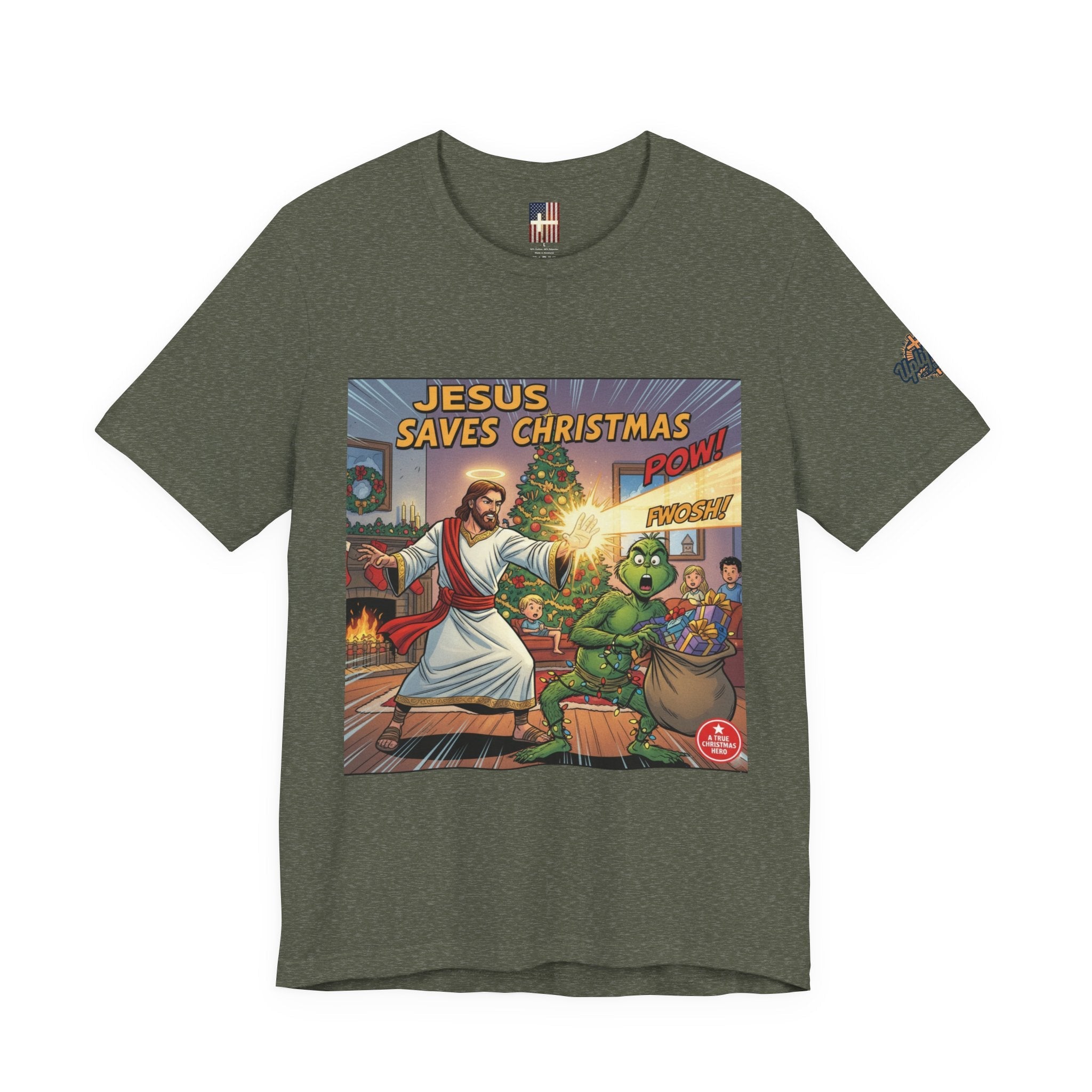 Jesus Saves Christmas T-shirt – Grinch vs Savior Light Battle Christian T-shirt for Hilarious Holiday Faith & True Joy Printify