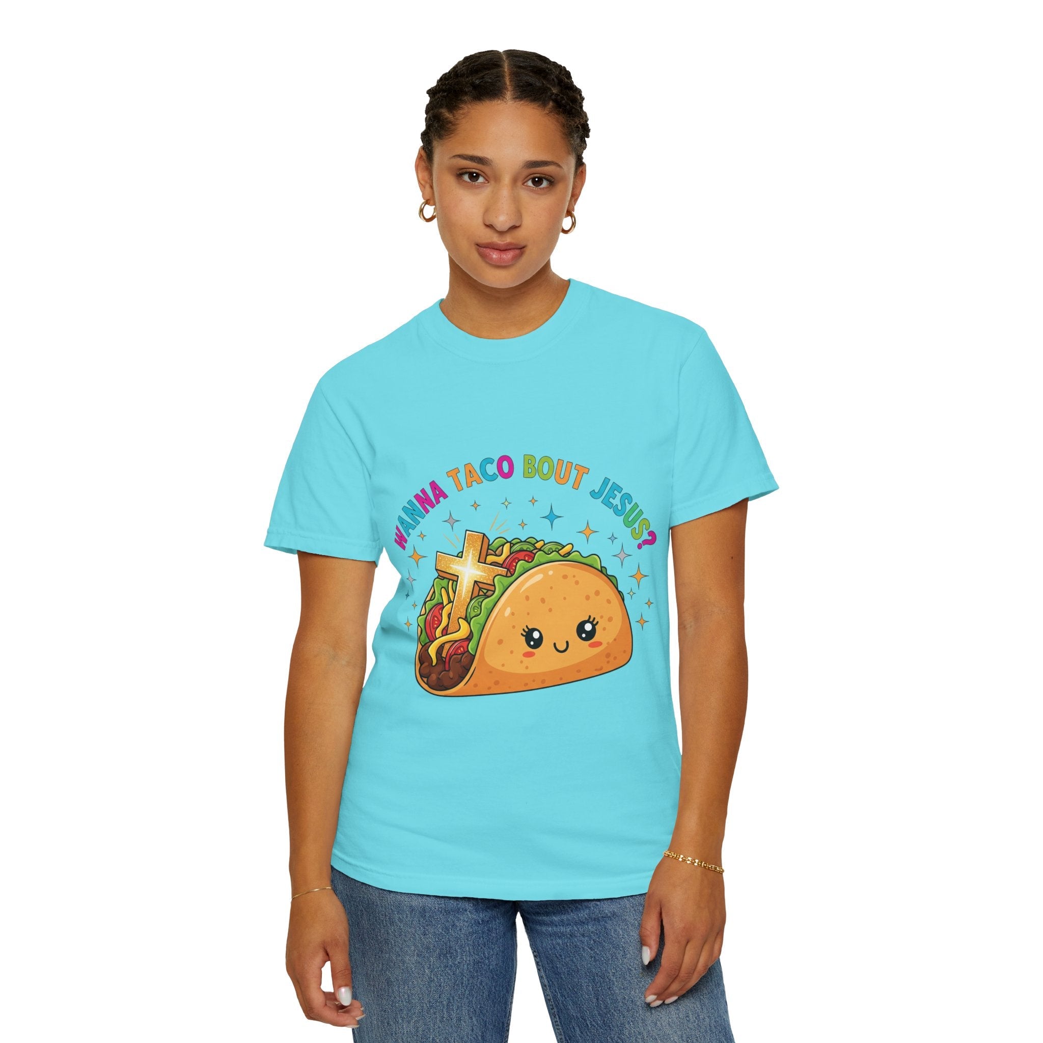 Wanna Taco 'Bout Jesus? Funny Christian Pun T-Shirt – Lettuce Pray & Share Faith! Printify