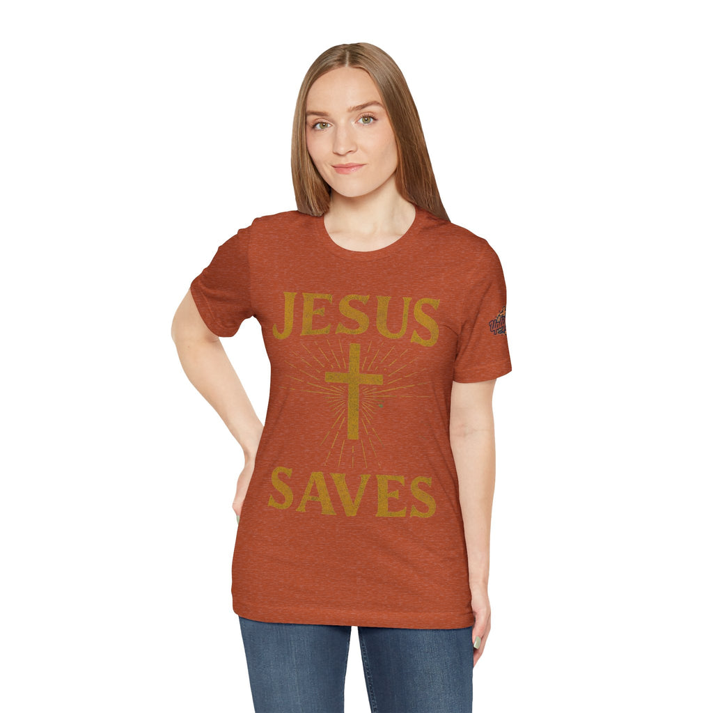 Jesus Saves T-shirt – Radiant Cross & Rays of Light Christian T-shirt for Eternal Hope & Faith Printify