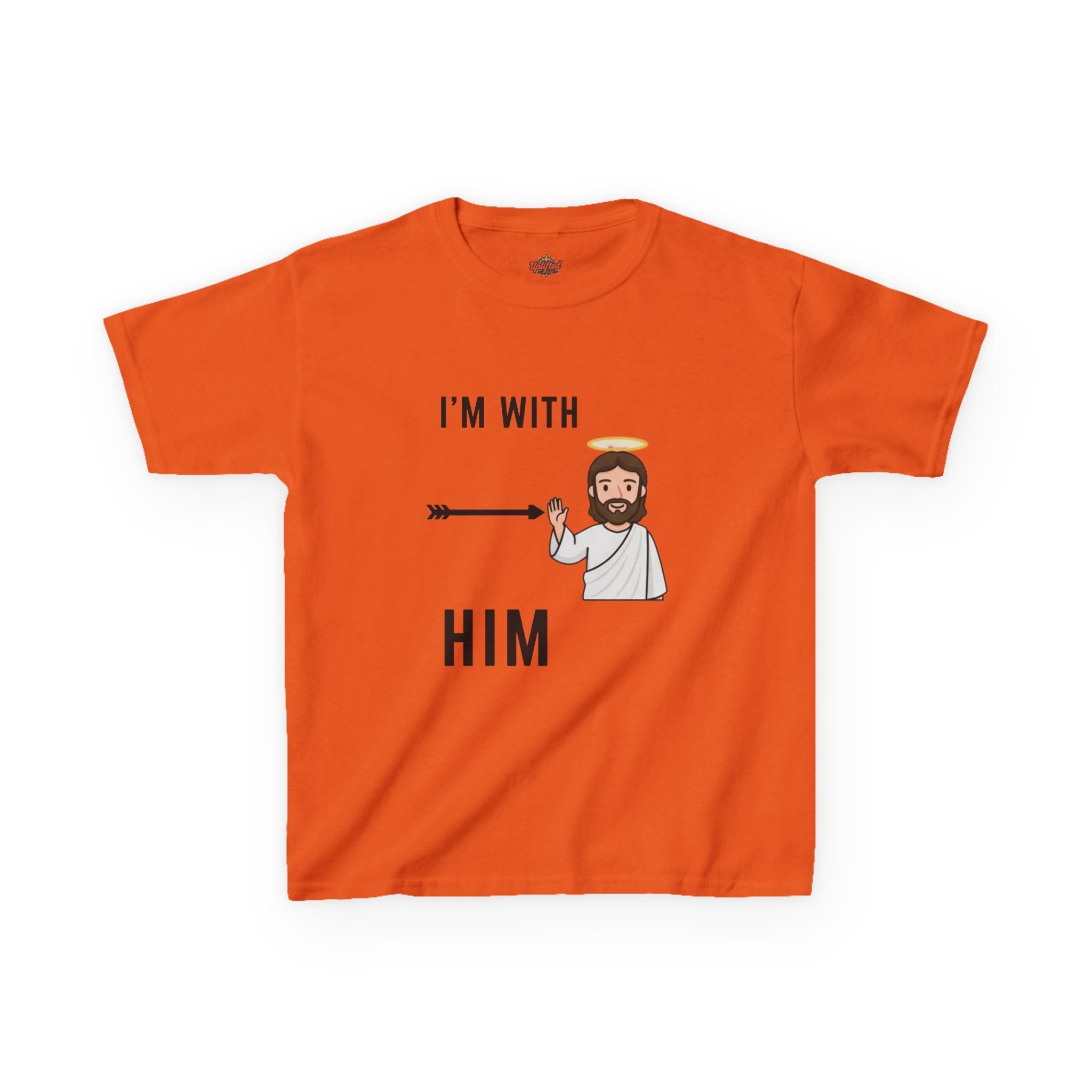 🔥 I’m With Him → Christian Kids T-Shirt | Arrow Pointing to Jesus | Minimalist Faith Tee | Subtle Cross Design | Bible-Inspired Apparel by Uplifted Gear Printify