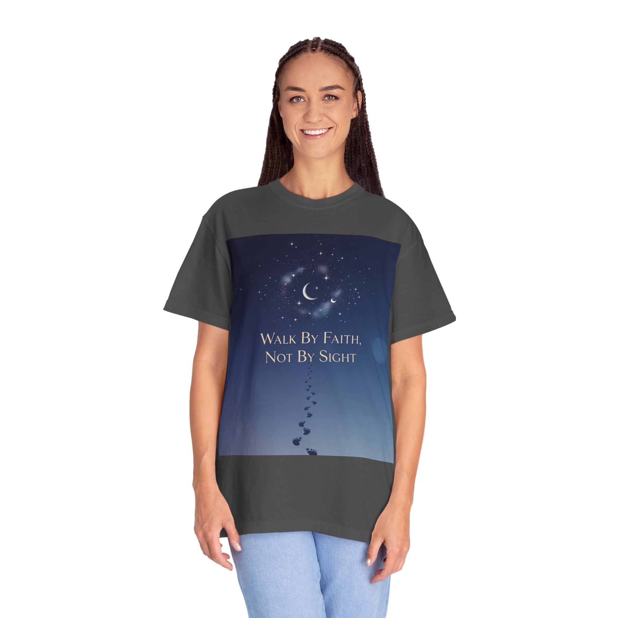 Walk by Faith, Not by Sight T-Shirt – Footprints in the Sand Christian Moonlit Tee Printify