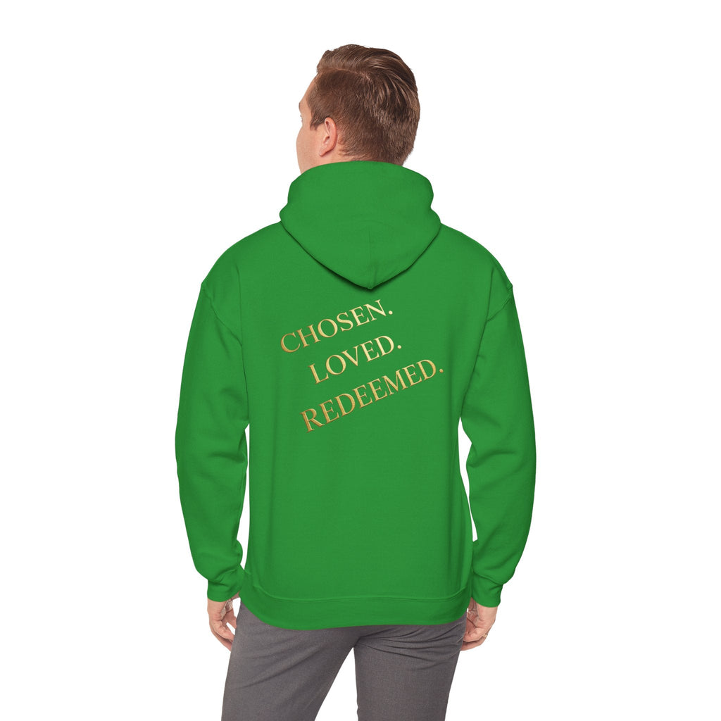 ✨ Chosen. Loved. Redeemed. – Elegant Christian Hoodie | Gold Foil Faith Tee | Subtle Cross & Heart Design | Inspirational Bible Verse Apparel by Uplifted Gear Printify