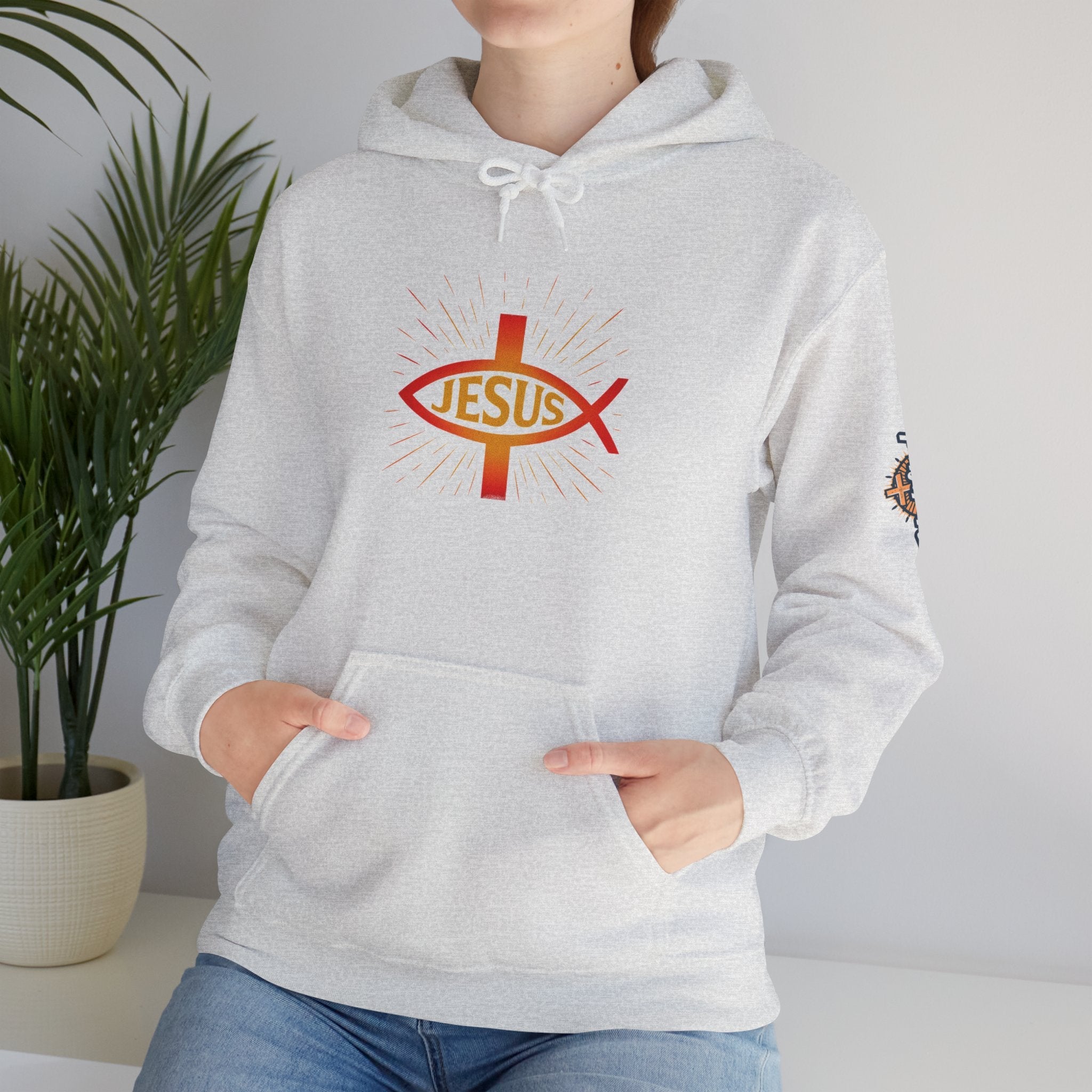Jesus Ichthys Hoodie – Christian Fish Symbol with Cross & Jesus Inscription Sweatshirt for Eternal Faith & Streetwear Printify