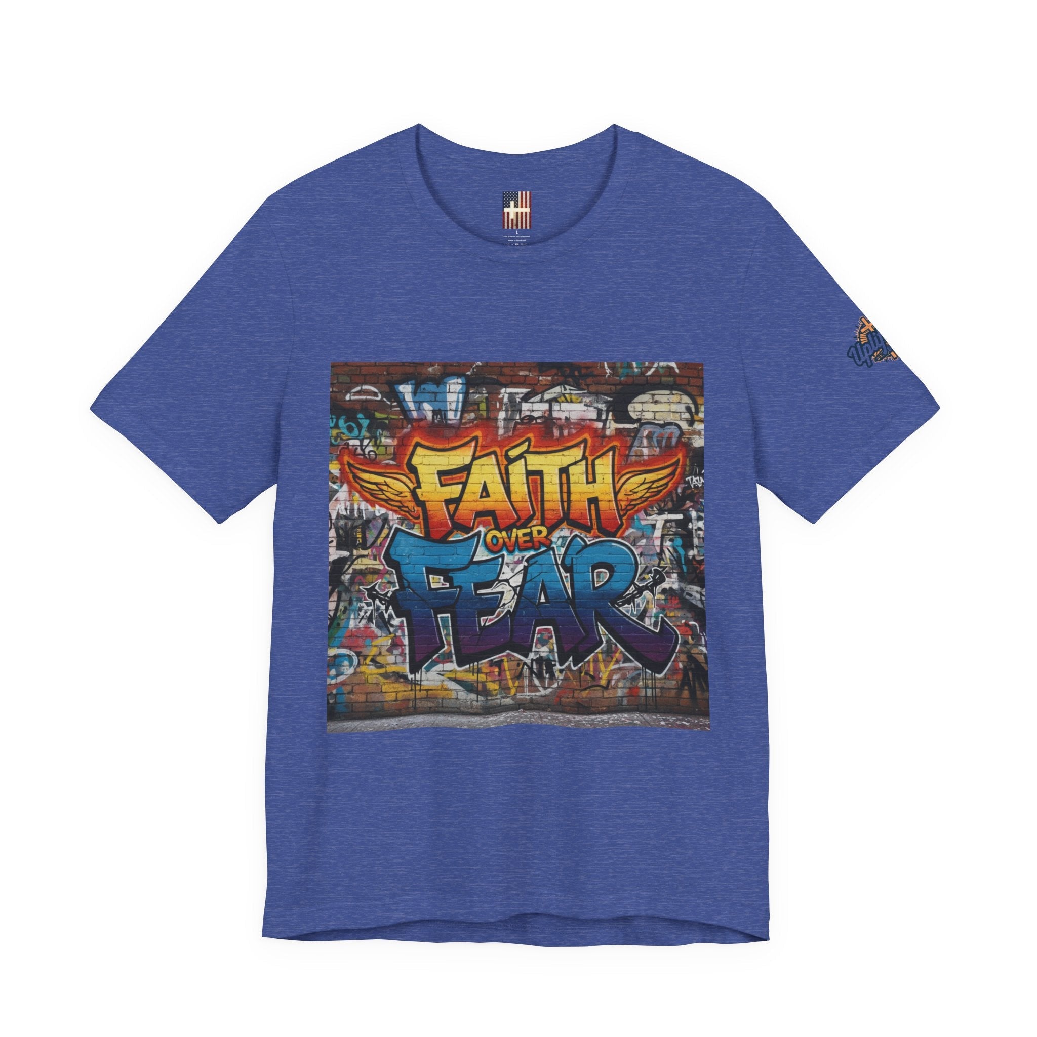 Faith Over Fear T-shirt – Graffiti Wall Christian T-shirt for Bold 2 Corinthians 5:7 Streetwear & Unshakable Faith Printify