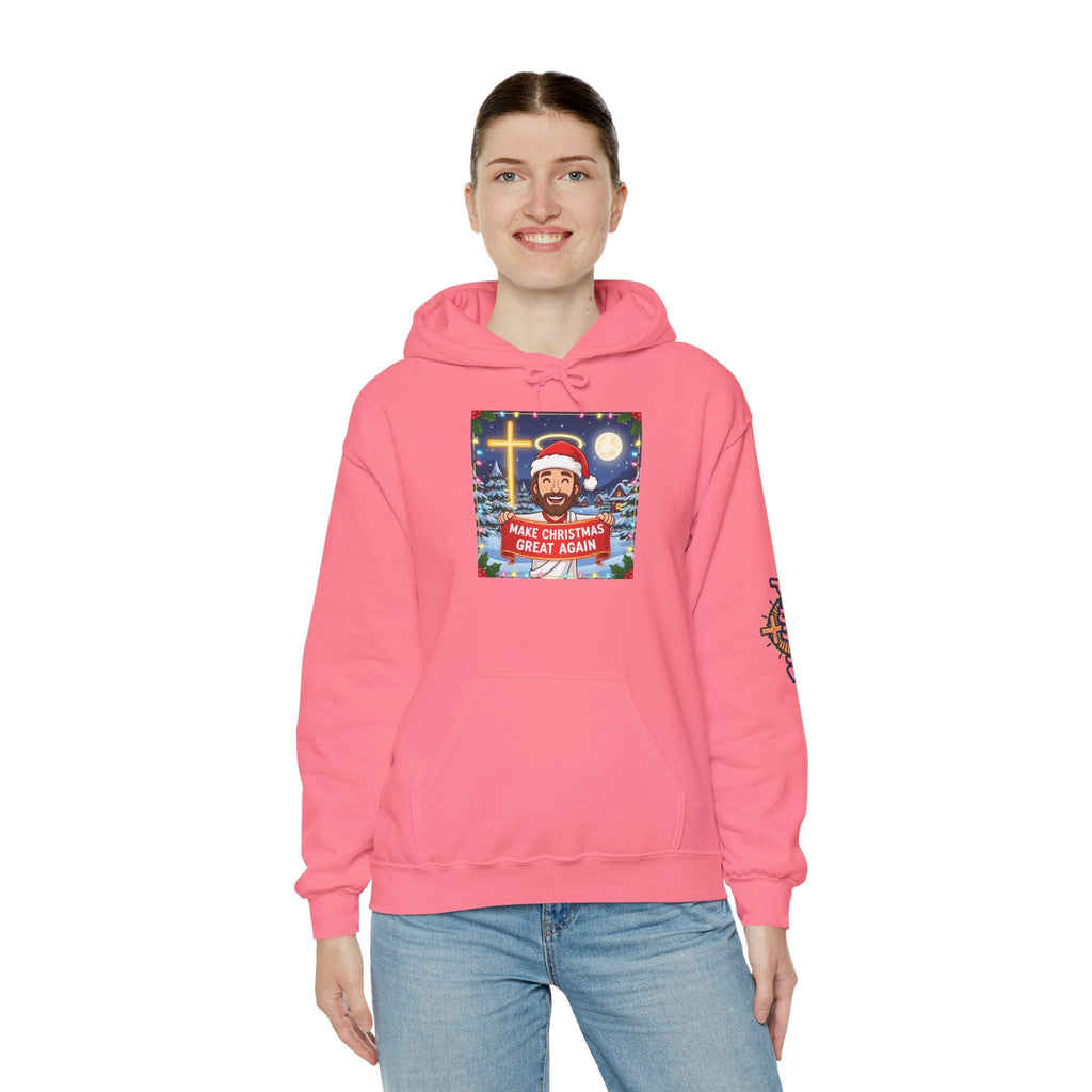 🎄 Make Christmas Great Again – Funny Christian Hoodie | Jesus Holding Banner | Faith-Based Holiday Parody Tee | Uplifted Gear Printify