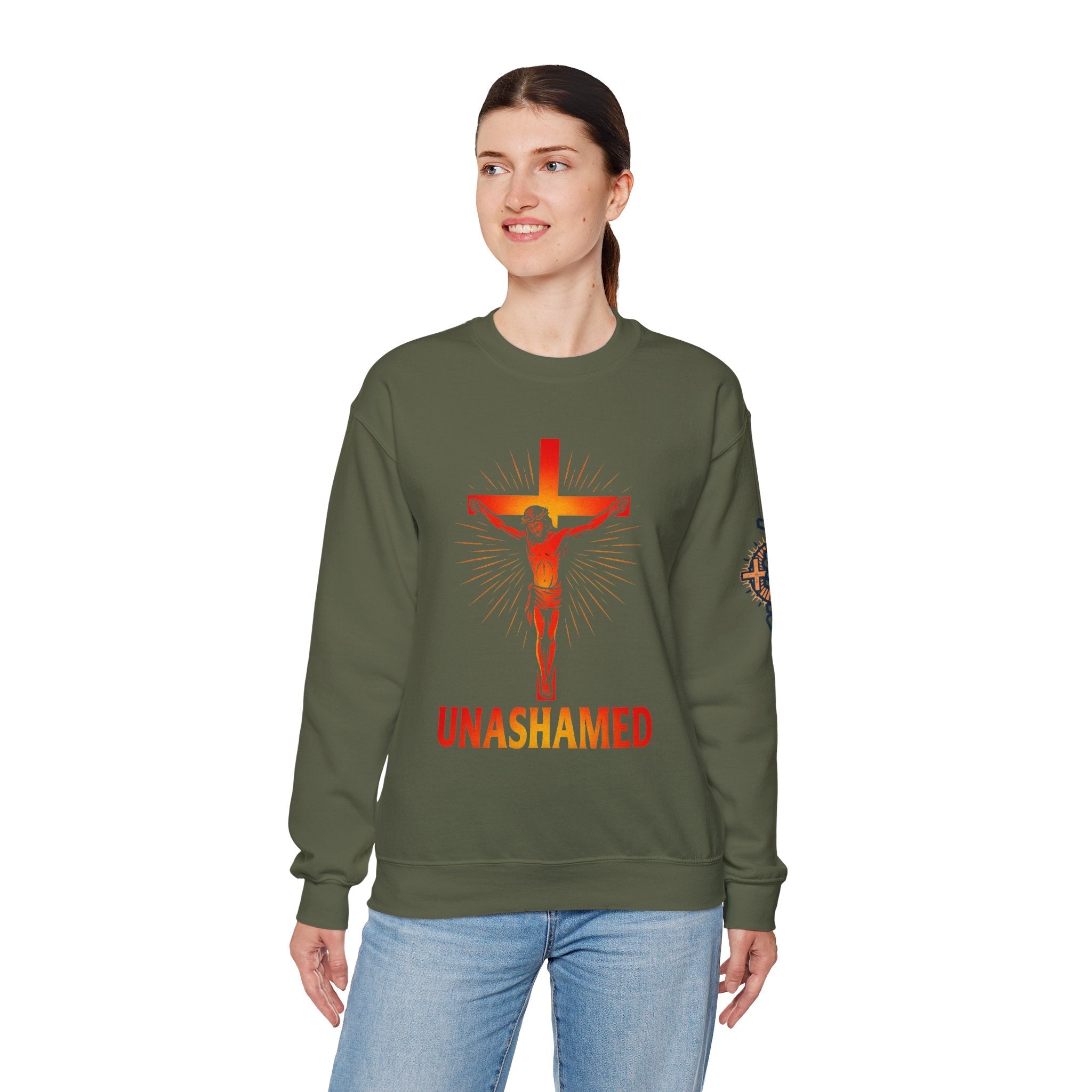 Unashamed Sweatshirt – Romans 1:16 Crucifixion Christian Sweatshirt for Bold Unwavering Faith Printify