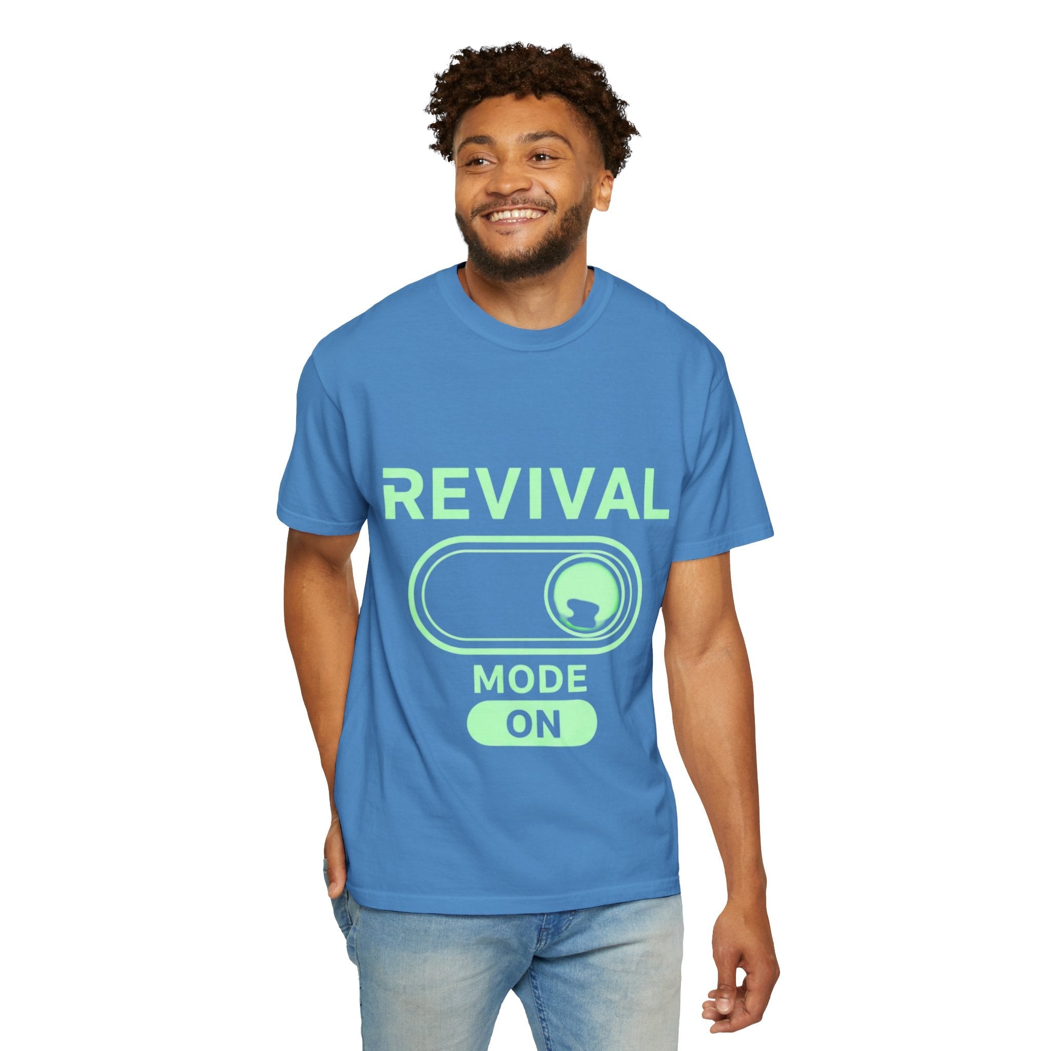 🔥 Revival Mode: ON – Christian Techwear T-Shirt | Glowing Green Faith Switch | Futuristic Jesus Shirt | Activate Your Spiritual Awakening | Uplifted Gear Printify