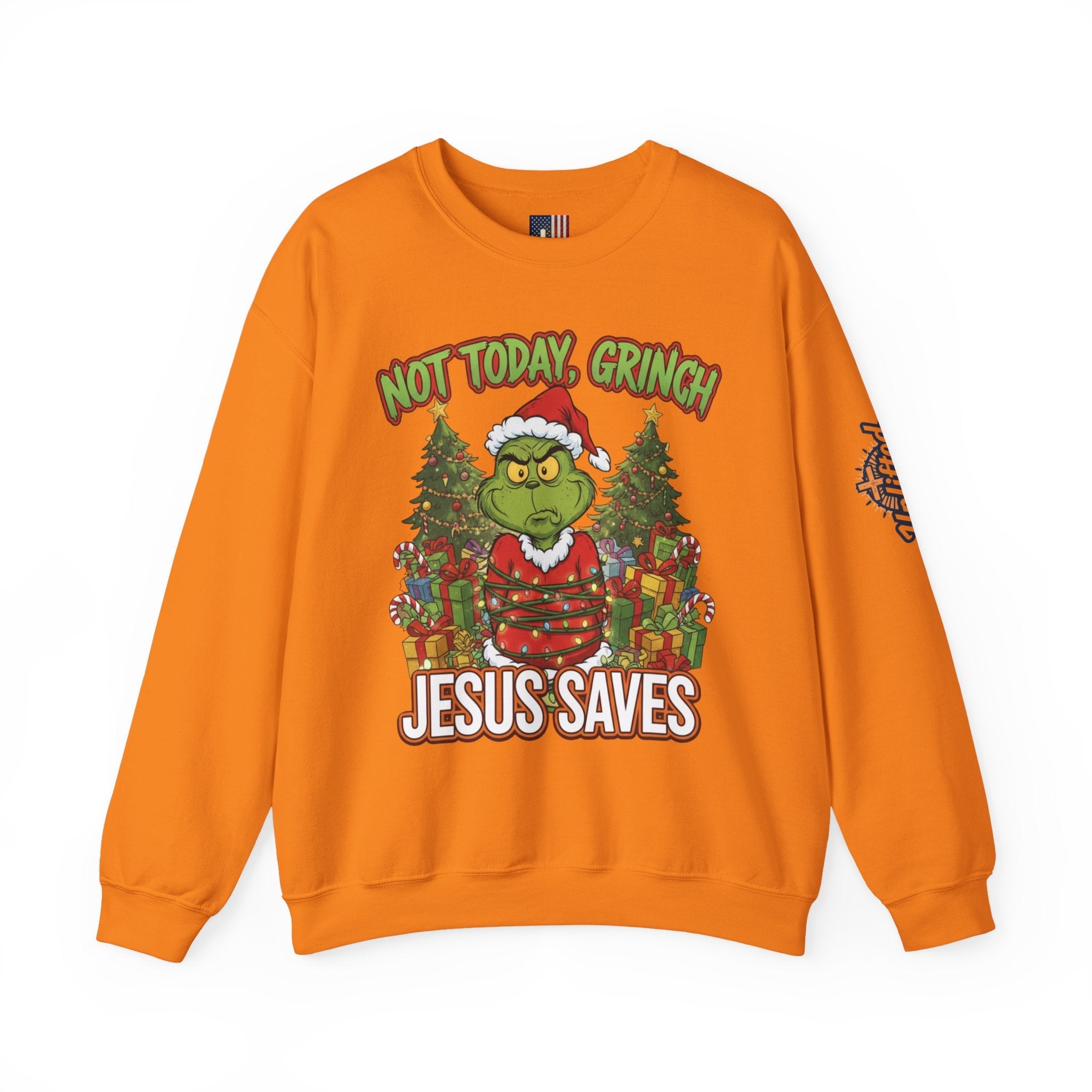 🎄 Not Today, Grinch – Jesus Saves | Funny Christian Christmas Sweatshirt | Sulking Grinch & Glowing Cross | Bold Neon Faith Tee by Uplifted Gear Printify