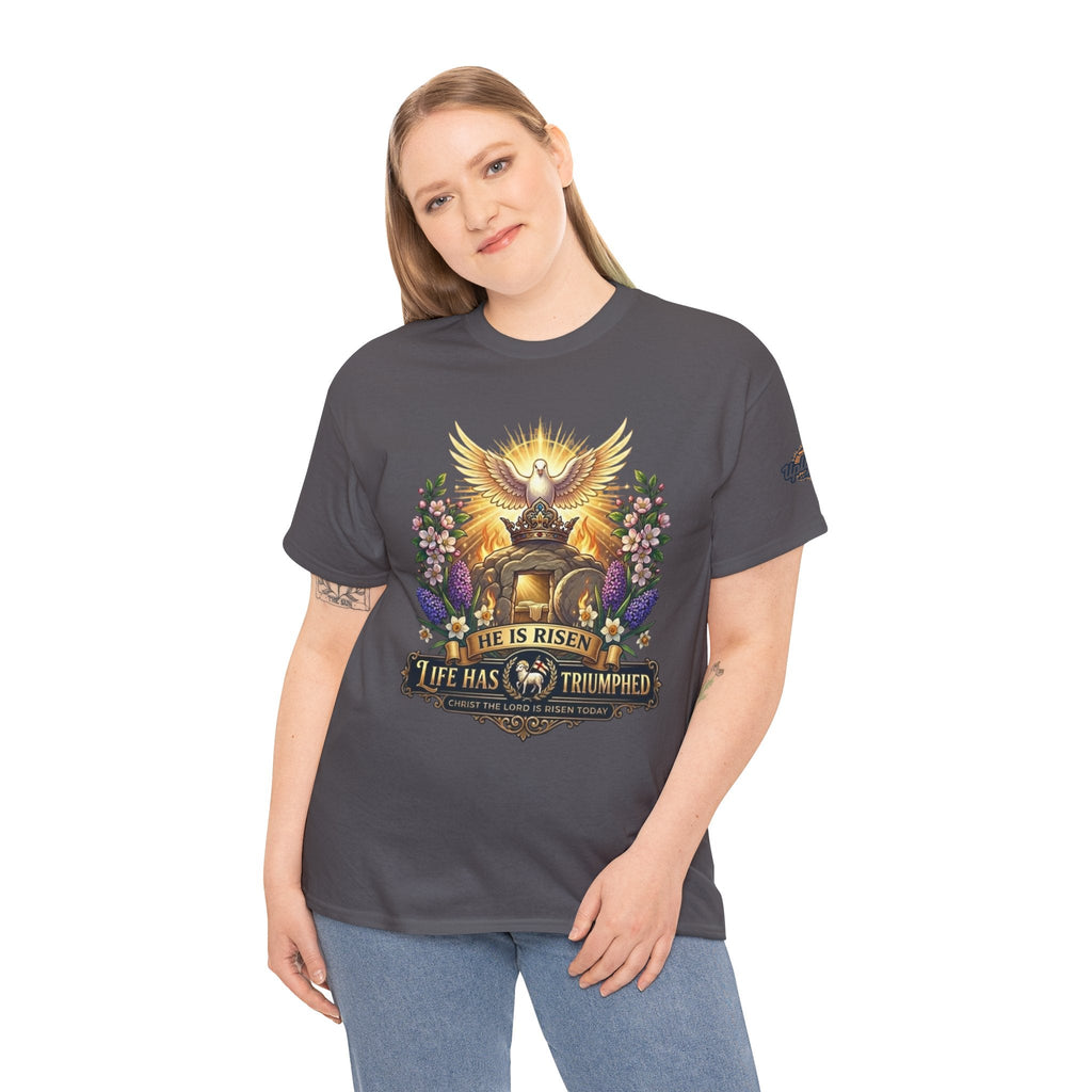 He Is Risen "Life Has Triumphed" T-Shirt — Easter Resurrection Christian Tee Printify