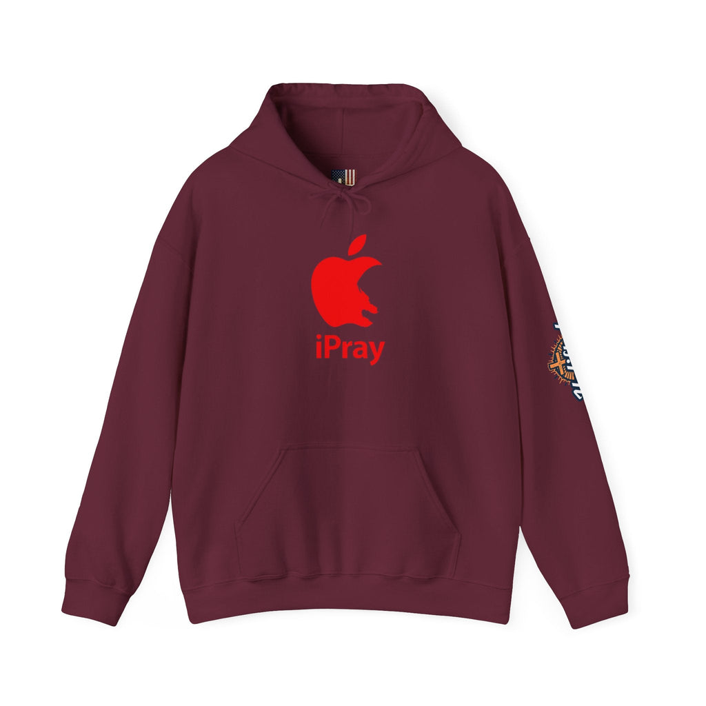 iPray Apple Logo Hoodie — Funny Christian Hoodie (Minimal Red Apple Graphic) Printify