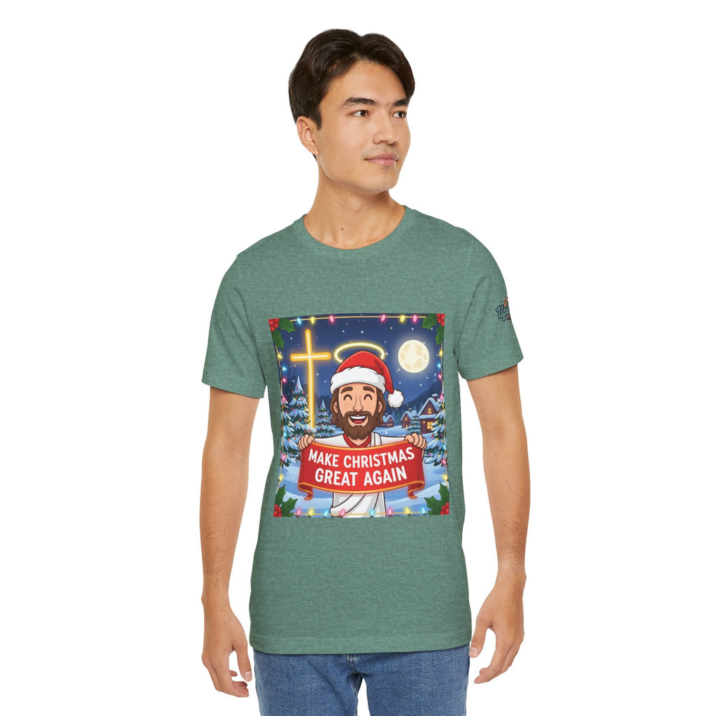 🎄 Make Christmas Great Again – Funny Christian T-Shirt | Jesus Holding Banner | Faith-Based Holiday Parody Tee | Uplifted Gear Printify