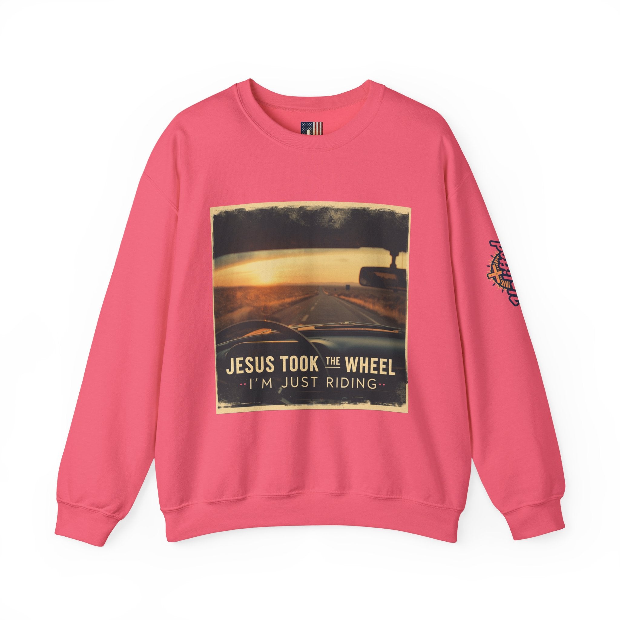 Jesus Took the Wheel I'm Just Riding Sweatshirt – Funny Christian Convertible Car Sweatshirt for Surrendered Faith & Humor Printify