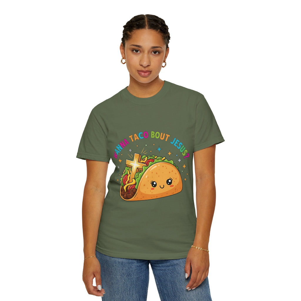 Wanna Taco 'Bout Jesus? Funny Christian Pun T-Shirt – Lettuce Pray & Share Faith! Printify