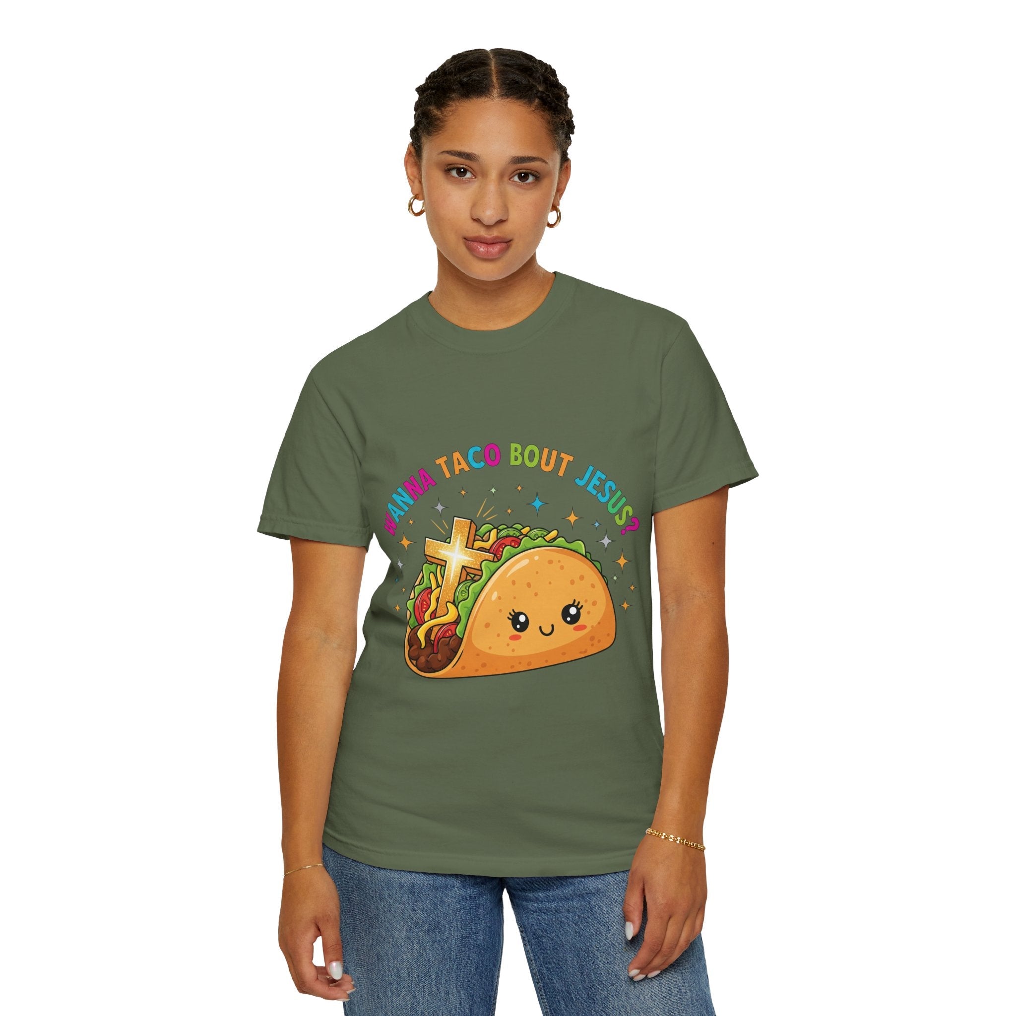 Wanna Taco 'Bout Jesus? Funny Christian Pun T-Shirt – Lettuce Pray & Share Faith! Printify