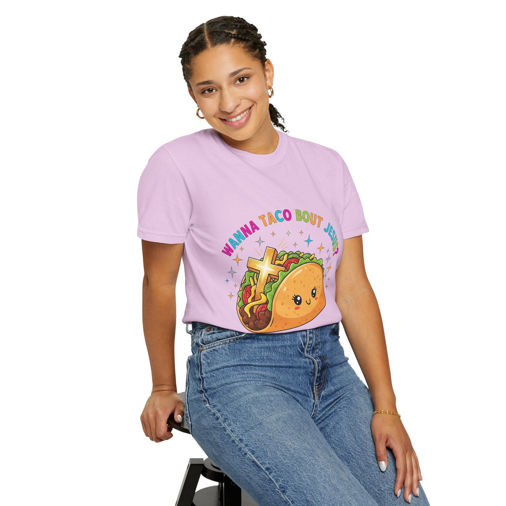 Wanna Taco 'Bout Jesus? Funny Christian Pun T-Shirt – Lettuce Pray & Share Faith! Printify