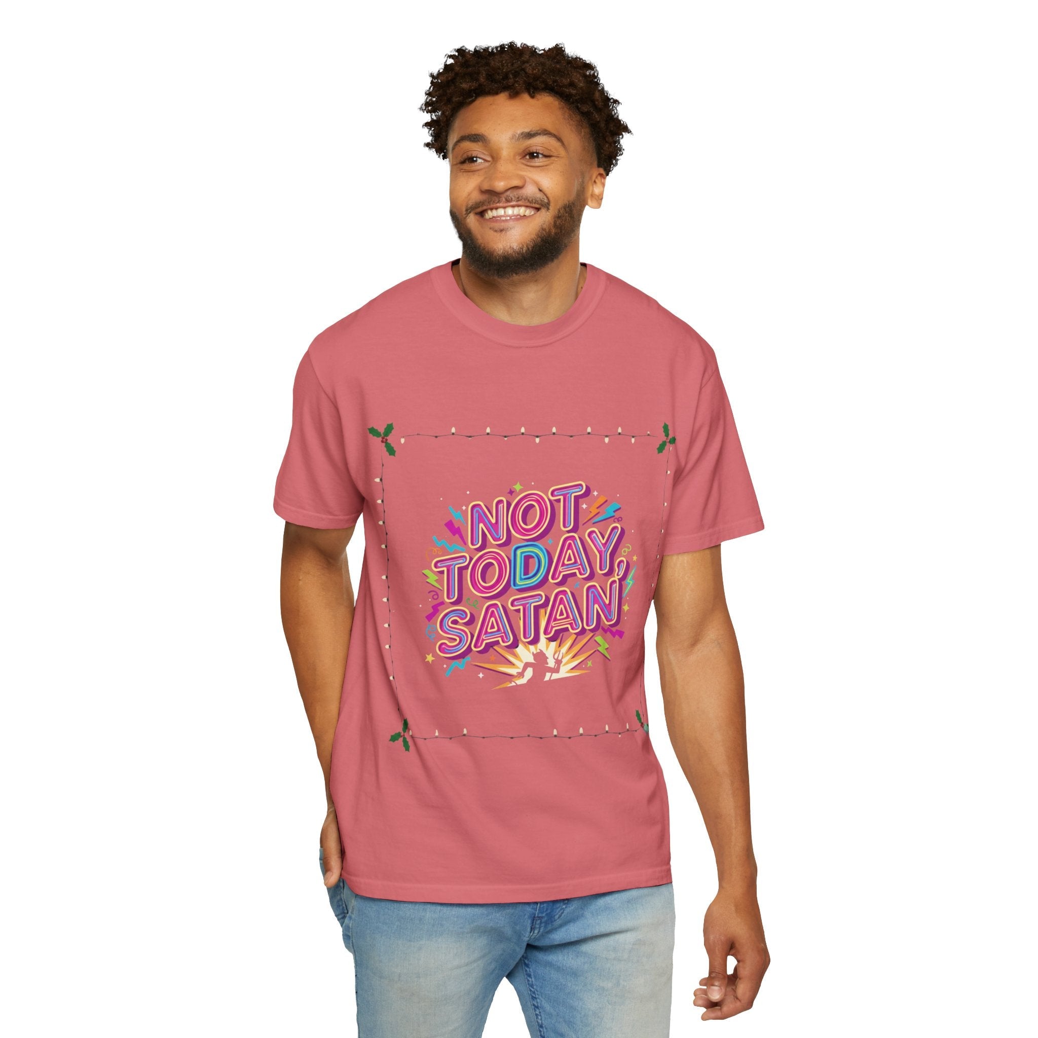 🔥 Not Today, Satan – Retro 90s Christian T-Shirt | Neon Faith Tee | Funky Cartoon Devil | Bold Bible Verse Shirt | Uplifted Gear Printify