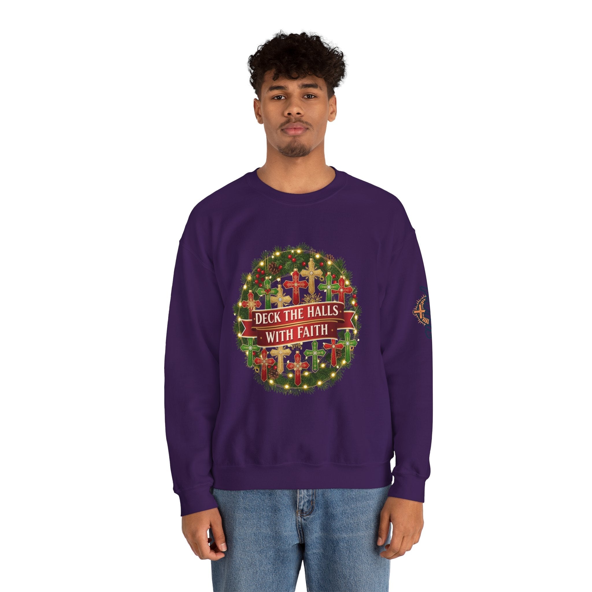🎄 Deck the Halls with Faith – Christian Christmas Sweatshirt | Cross Ornament Design & Festive Garland | Bold Holiday Faith Tee by Uplifted Gear Printify