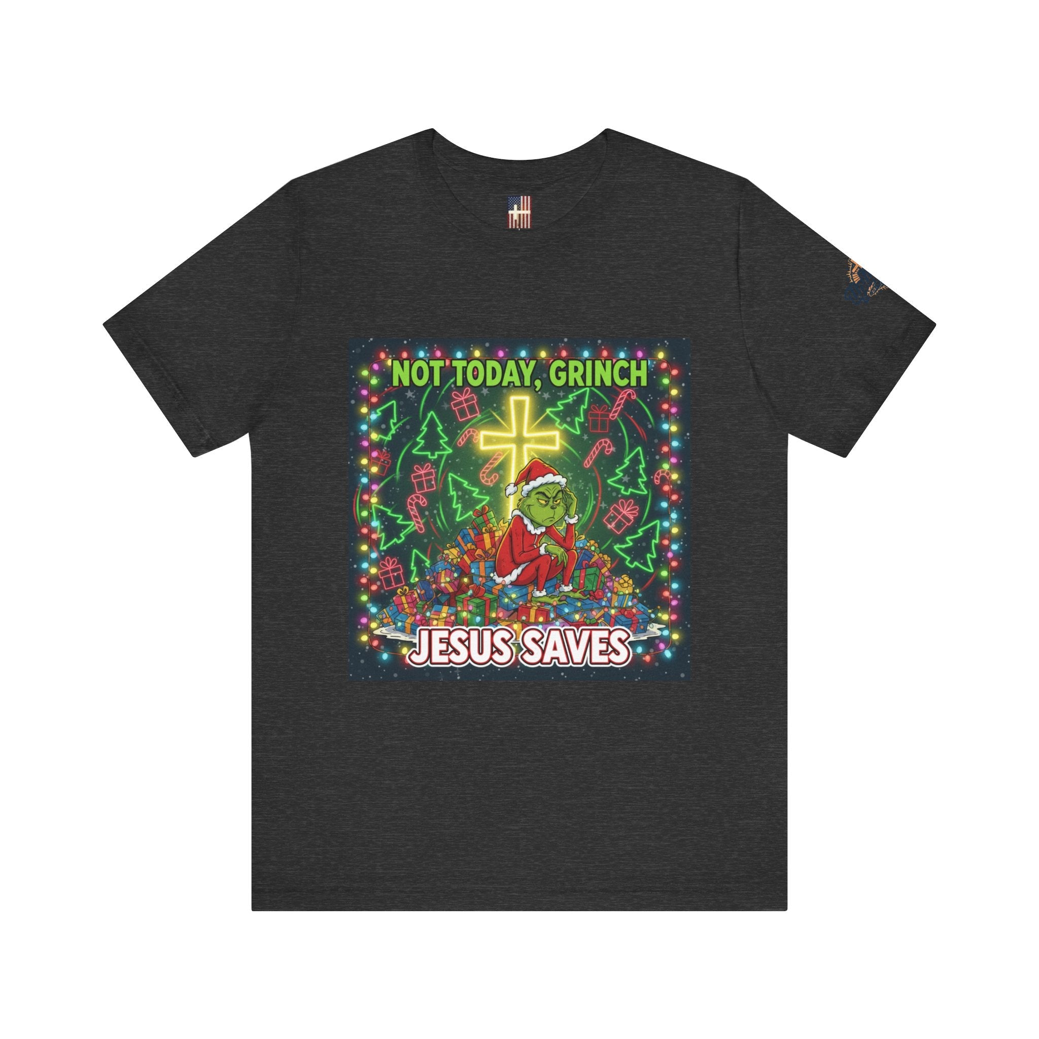 🎄 Not Today, Grinch – Jesus Saves | Funny Christian Christmas T-Shirt | Festive Green & Red Cartoon Style | Bold Faith Holiday Tee by Uplifted Gear Printify